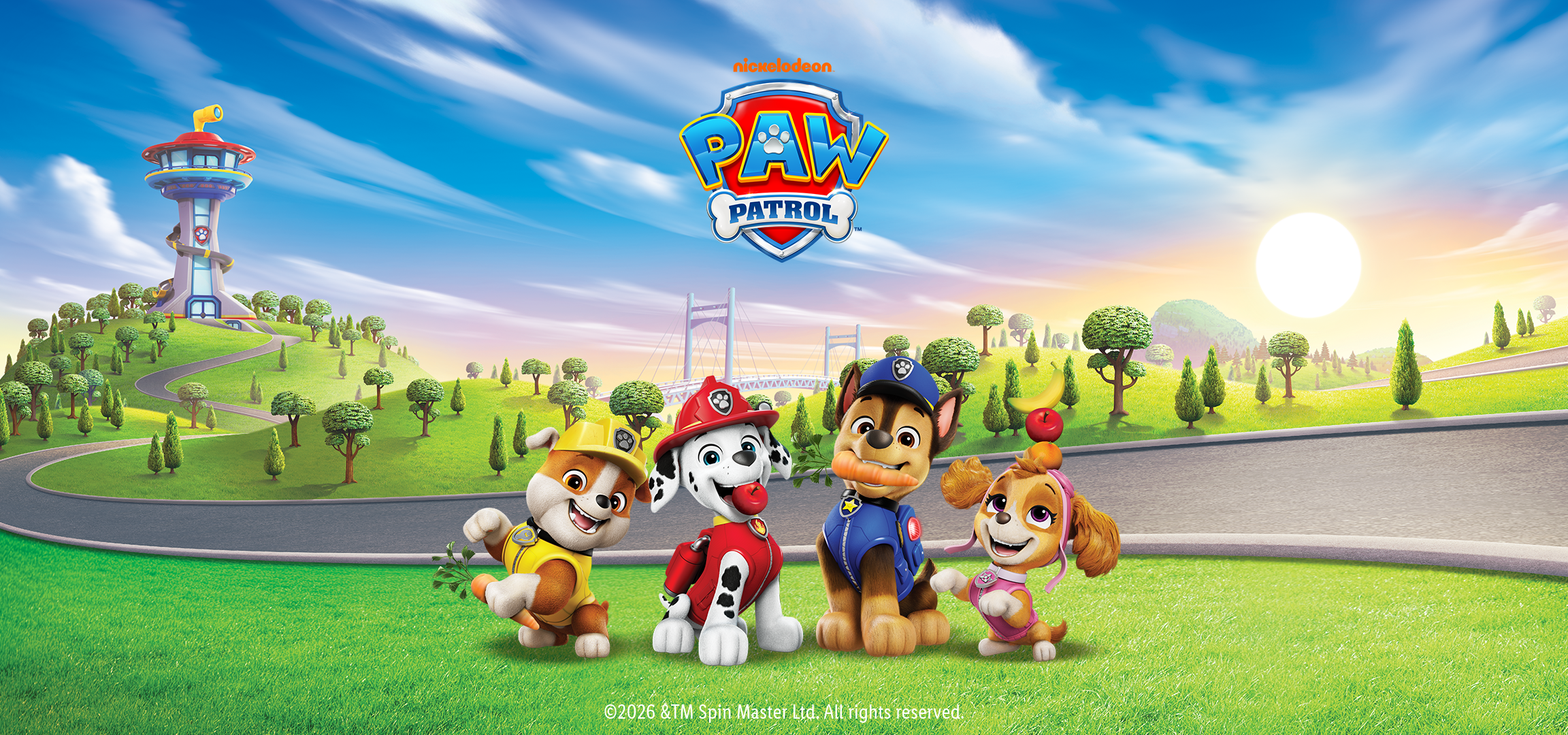 Χαρακτήρες Paw Patrol με φρέσκα φρούτα και λαχανικά.