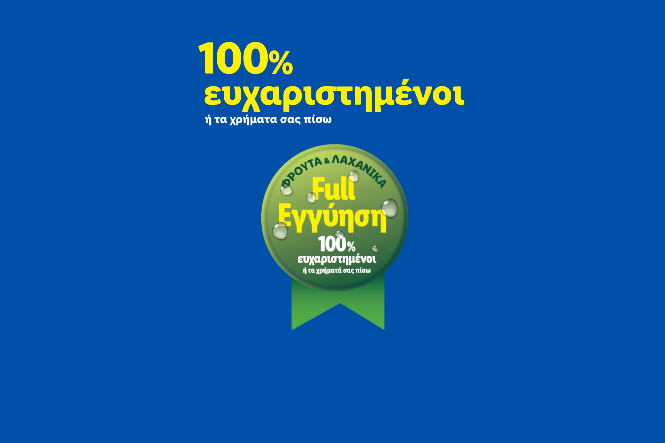 Μπλε φόντο με πράσινη κονκάρδα που αναγράφει '100% ικανοποιημένοι ή τα χρήματά σας πίσω' για φρούτα και λαχανικά.