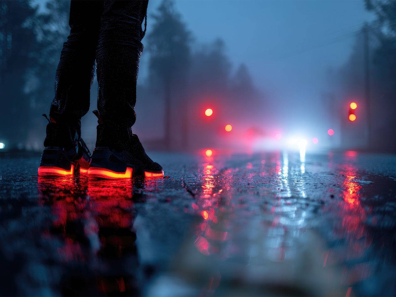 Feet wearing red glowing sneakers on a wet street, with car lights in the background.