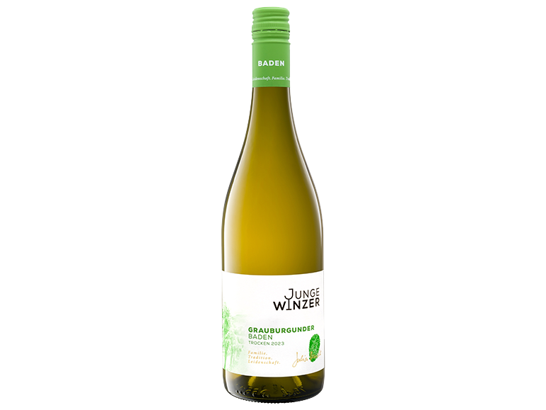 White wine bottle of the brand Junge Winzer Grauburgunder Baden Trocken 2023.