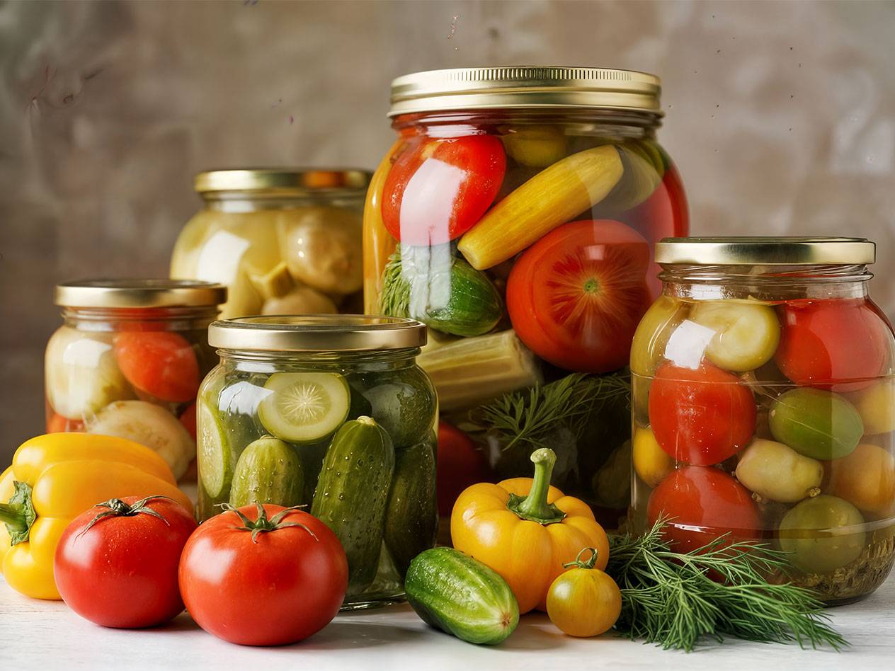 Jars of assorted pickled vegetables, including tomatoes and cucumbers, with fresh vegetables in front.