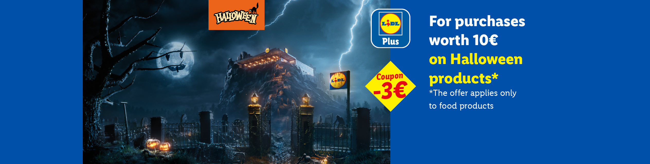 Lidl Plus Halloween offer: 3€ coupon for 10€ worth of Halloween food products.