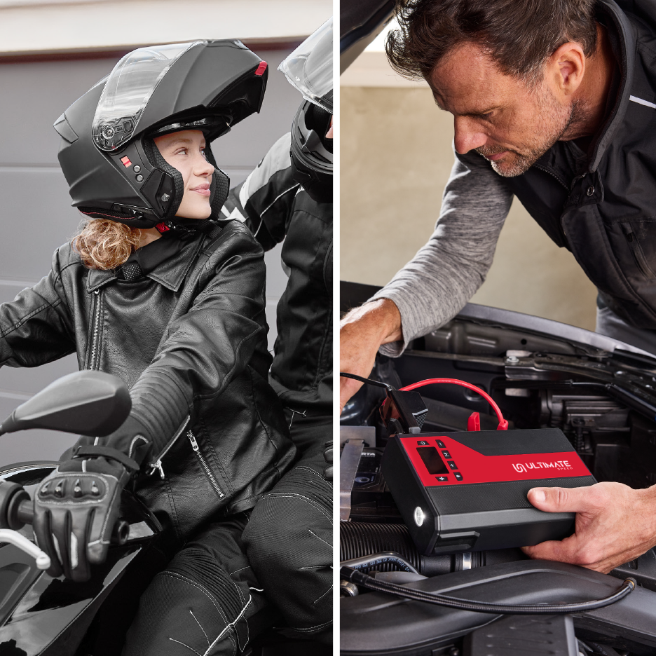 Ένα παιδί σε μοτοσικλέτα και ένας άνδρας που χρησιμοποιεί εκκινητή αυτοκινήτου.