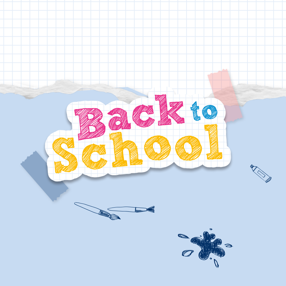 Κείμενο 'Back to School' σε χάρτινο φόντο με σχέδια σχολικών ειδών.