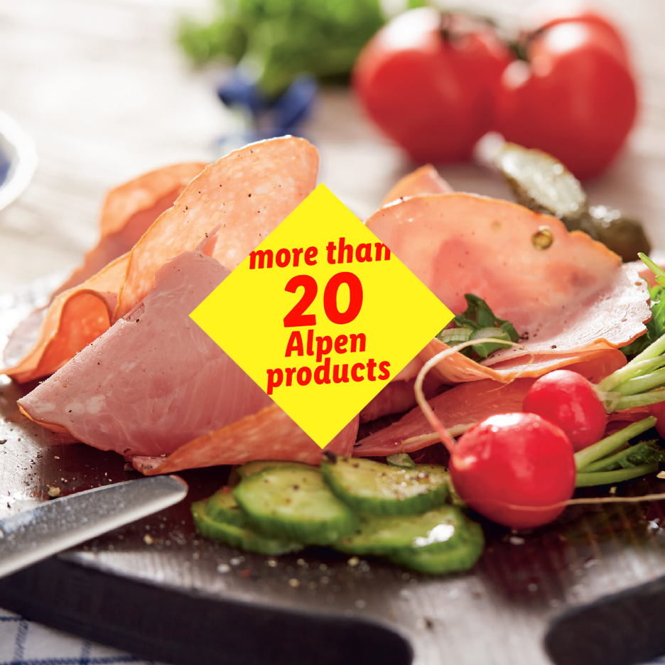 A platter of sliced cold cuts, radishes, and cucumbers, with text 'more than 20 Alpen products'.