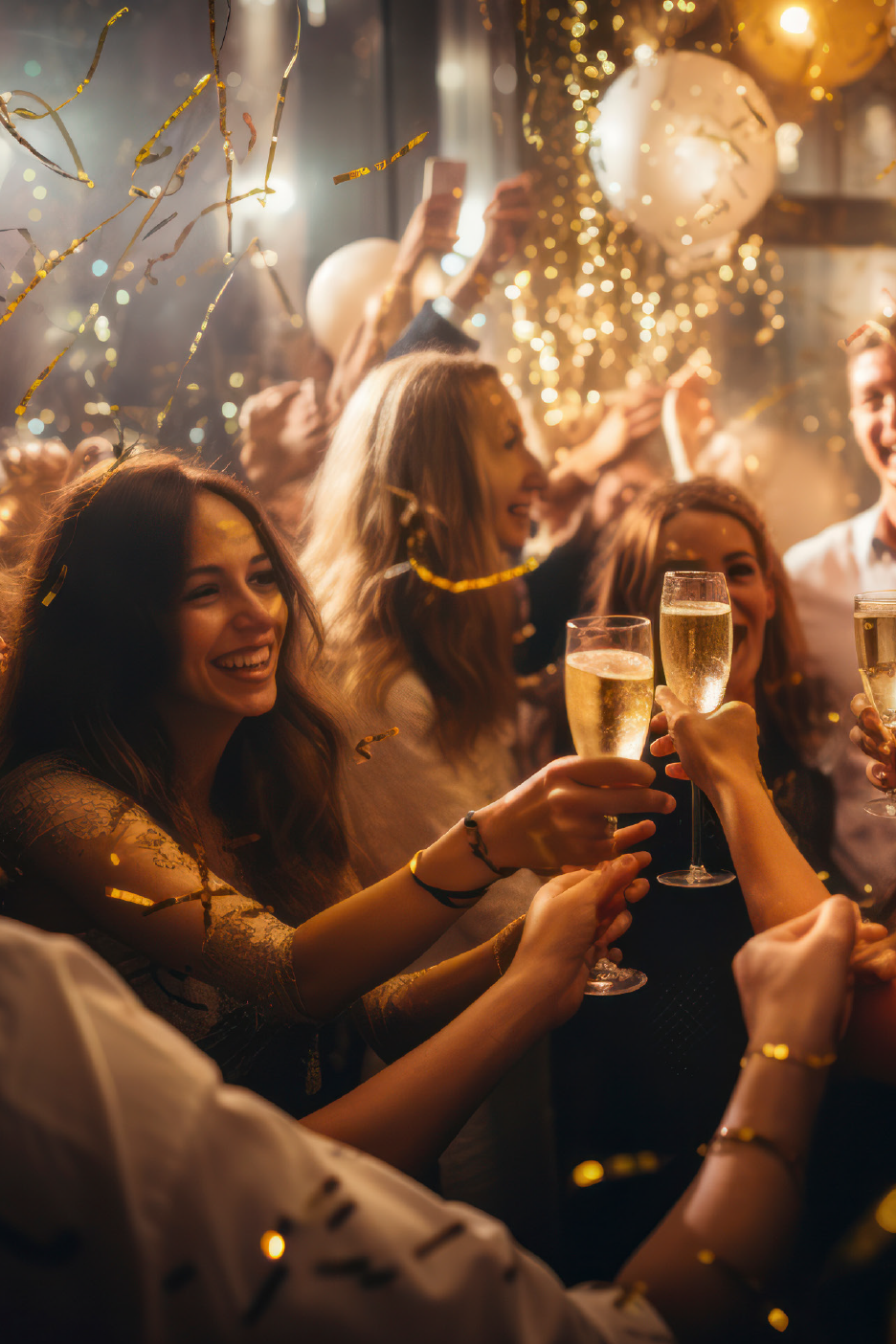 Άνθρωποι που τσουγκρίζουν με σαμπάνια σε ένα εορταστικό πάρτι με χρυσά κομφετί και μπαλόνια.