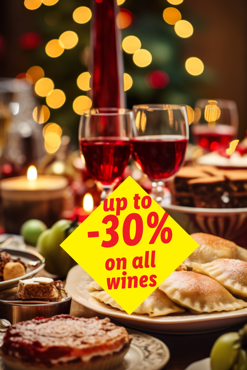 Χριστουγεννιάτικο τραπέζι με ποτήρια κρασιού, γλυκά και προσφορά 'έως -30% σε όλα τα κρασιά'.