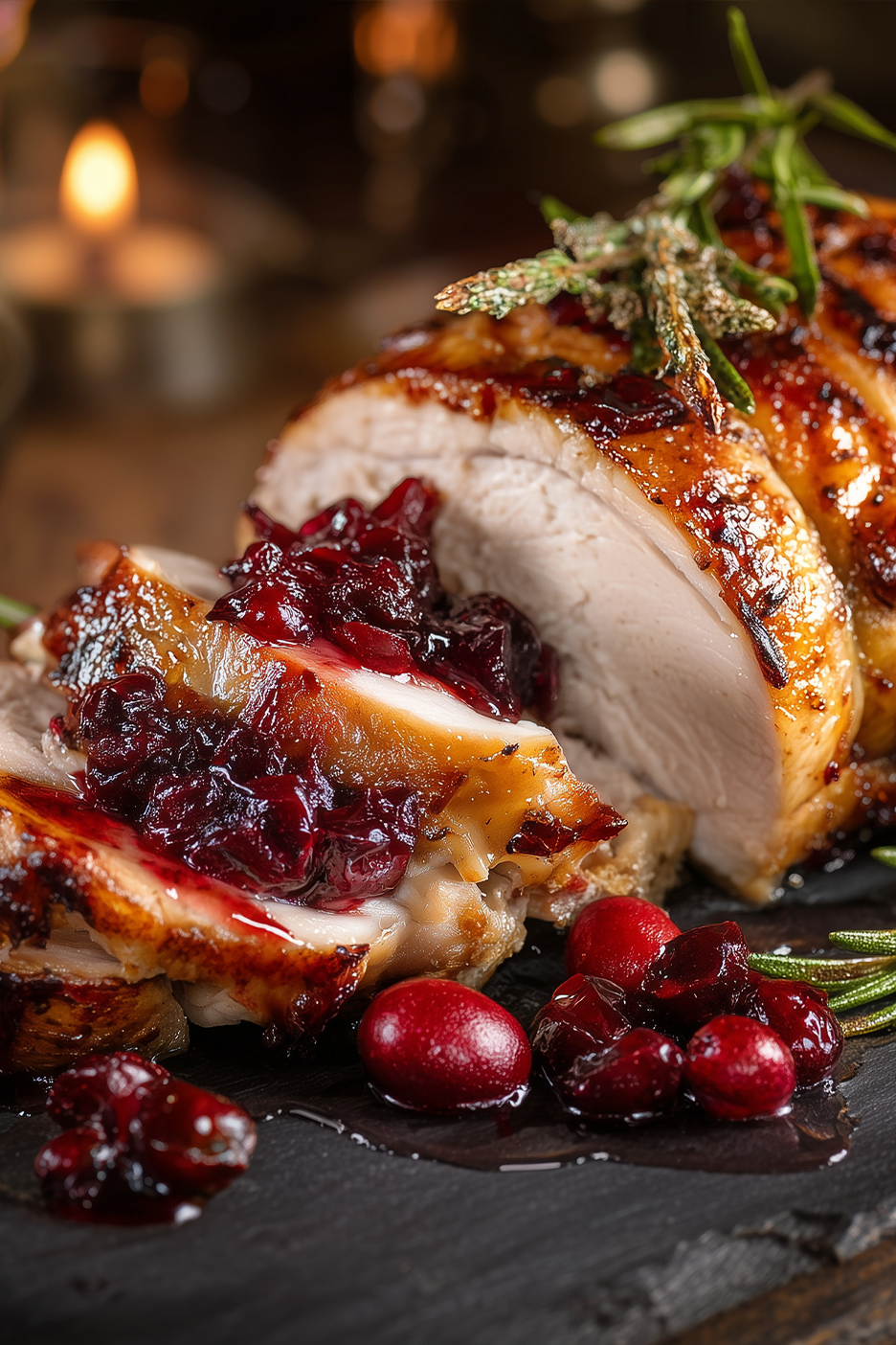 Κομμένη ψητή γαλοπούλα με σάλτσα κράνμπερι και δεντρολίβανο, με ένα κερί στο παρασκήνιο.