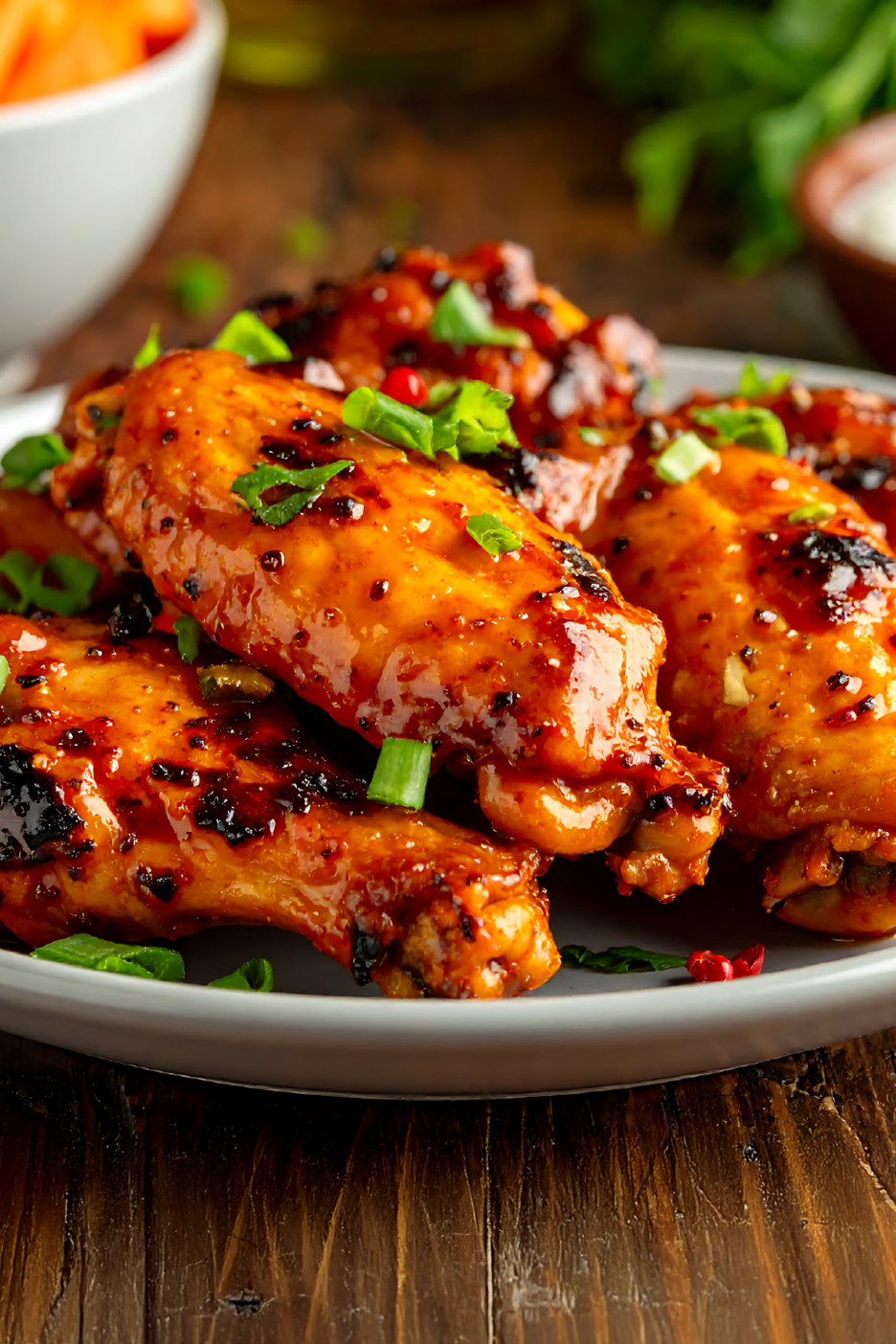 Γλυκόξινες πικάντικες κοτόπουλο φτερούγες γαρνιρισμένες με φρέσκα κρεμμυδάκια και νιφάδες τσίλι.