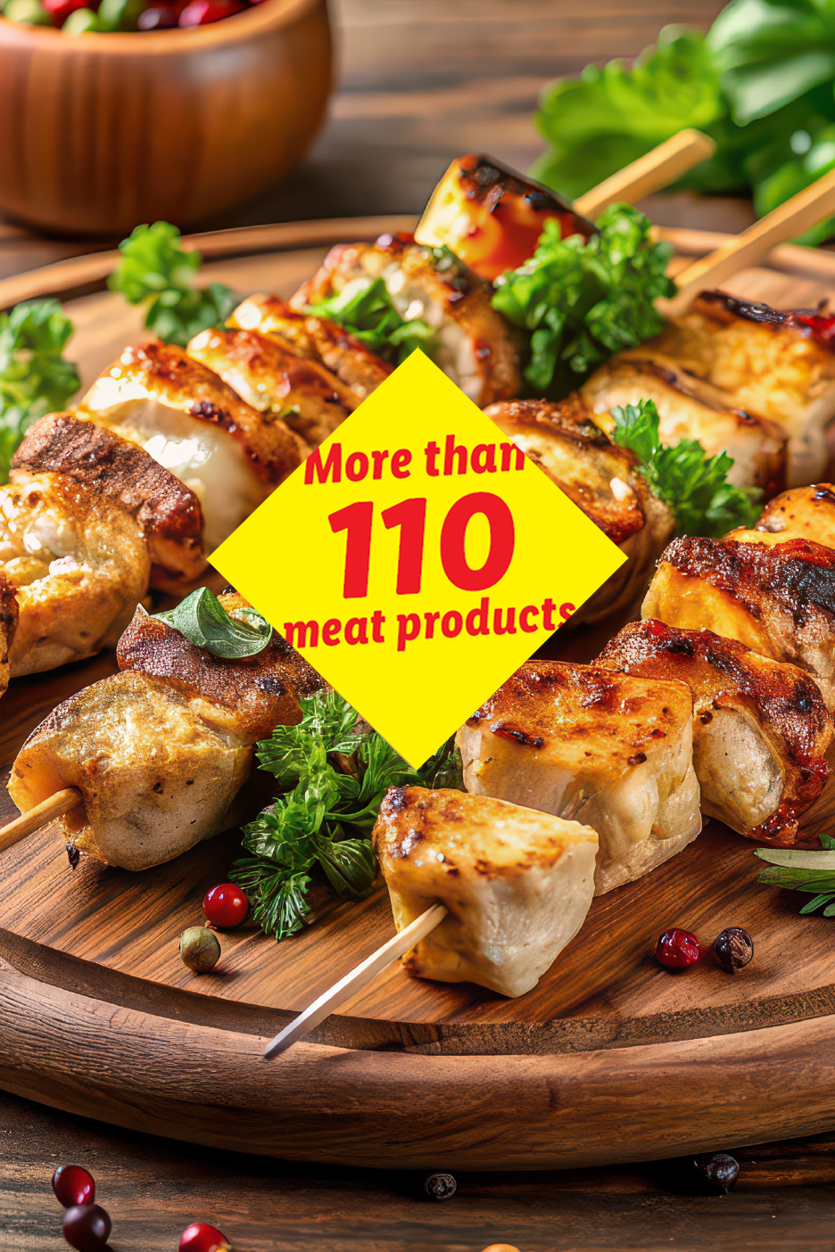 Grilled chicken skewers on a wooden board with a yellow banner stating 'More than 110 meat products'.