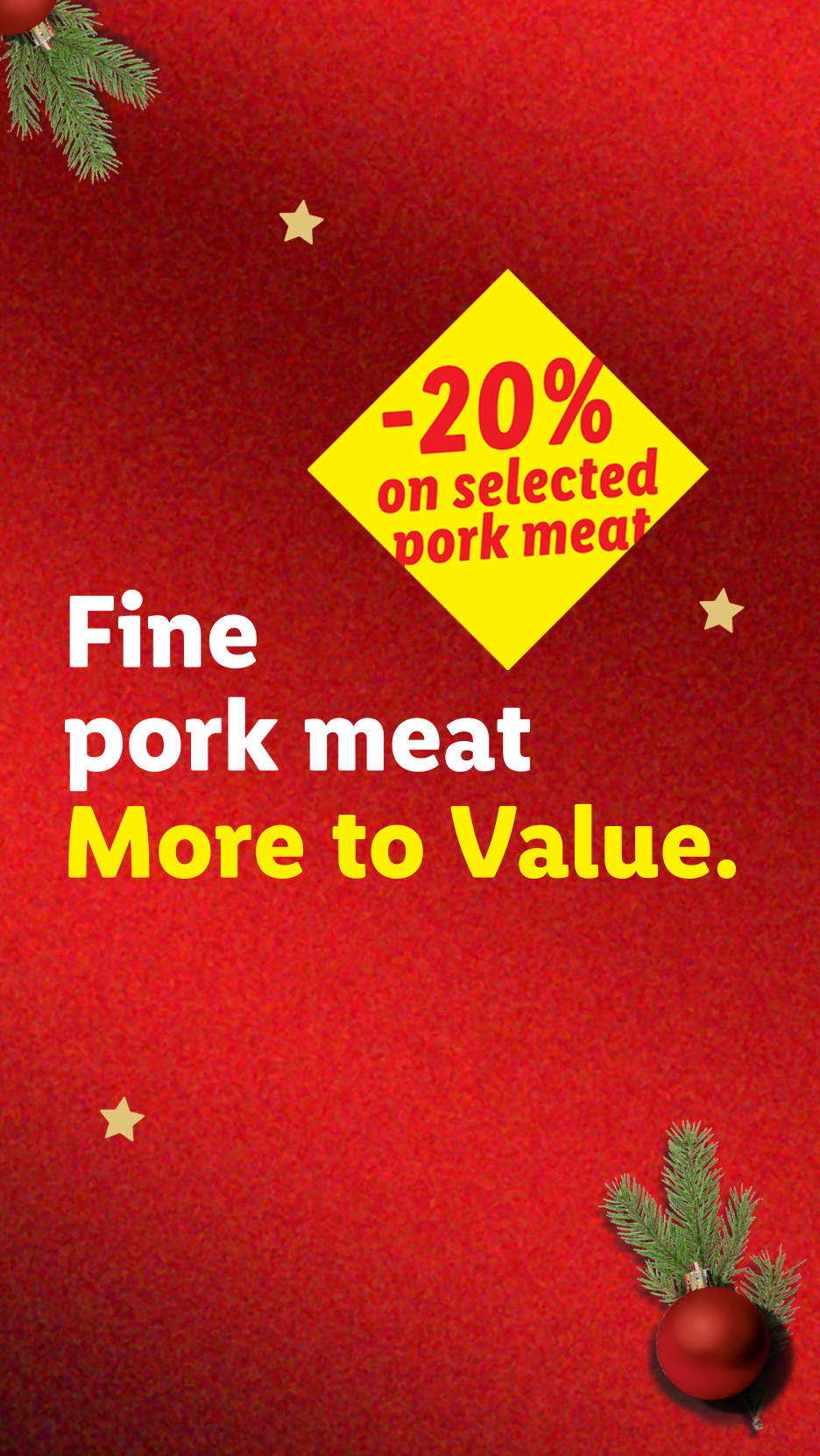 Χριστουγεννιάτικη διαφήμιση για εκλεκτό χοιρινό κρέας με έκπτωση 20%, σε κόκκινο φόντο.