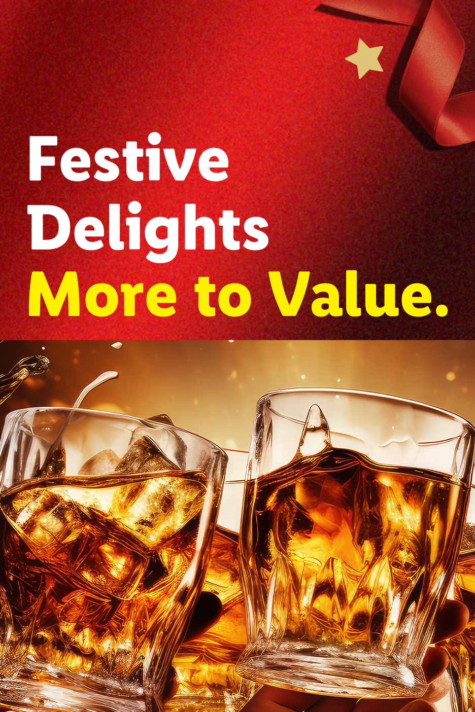 Γιορτινές Απολαύσεις: Περισσότερη Αξία. Δύο ποτήρια ουίσκι με πάγο σε εορταστικό φόντο.