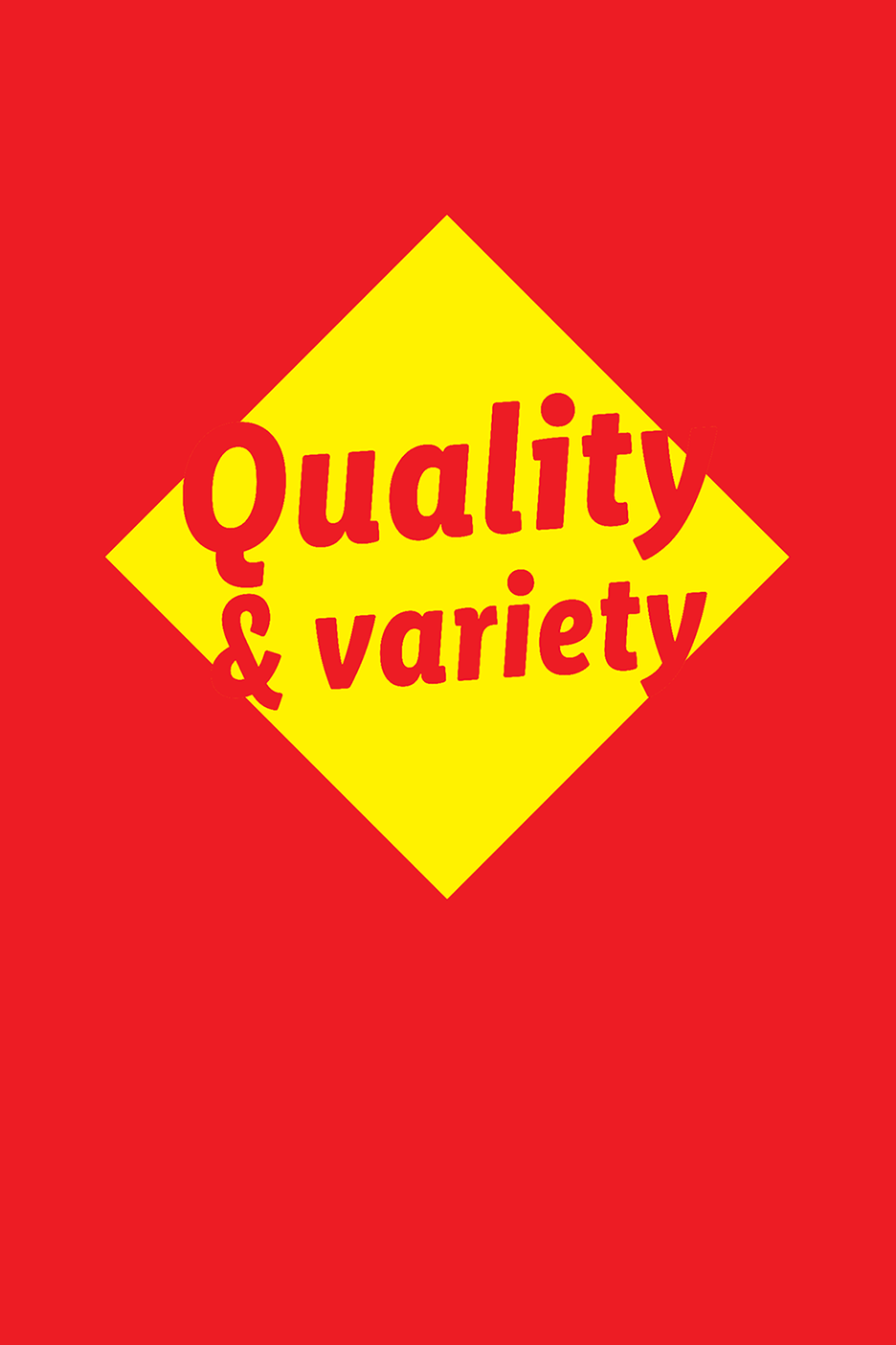 Κόκκινο φόντο με ένα κίτρινο διαμάντι που περιέχει το κείμενο 'Ποιότητα & ποικιλία'.