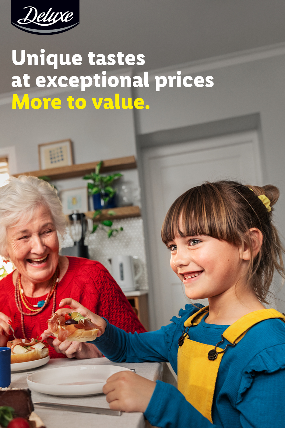 Family enjoying a meal with various dishes, text: Unique tastes at exceptional prices. More to value.