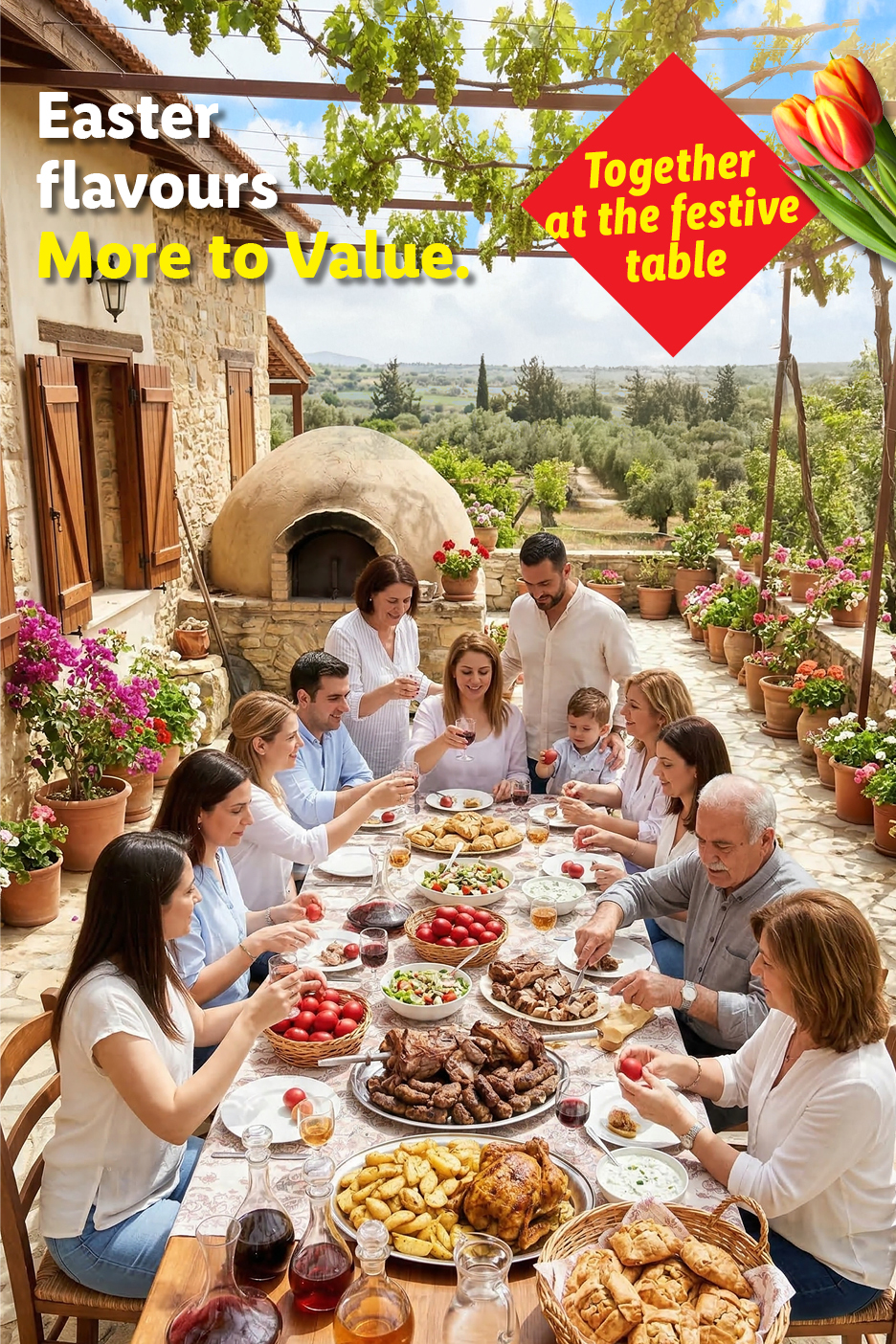 Family enjoying Easter meal outdoors with traditional oven, text: Easter flavours, More to Value, Together at the festive table.
