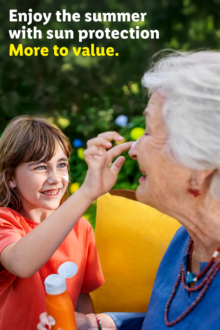 A child applies sun protection to an older woman's nose, with text: 'Enjoy the summer with sun protection. More to value.'
