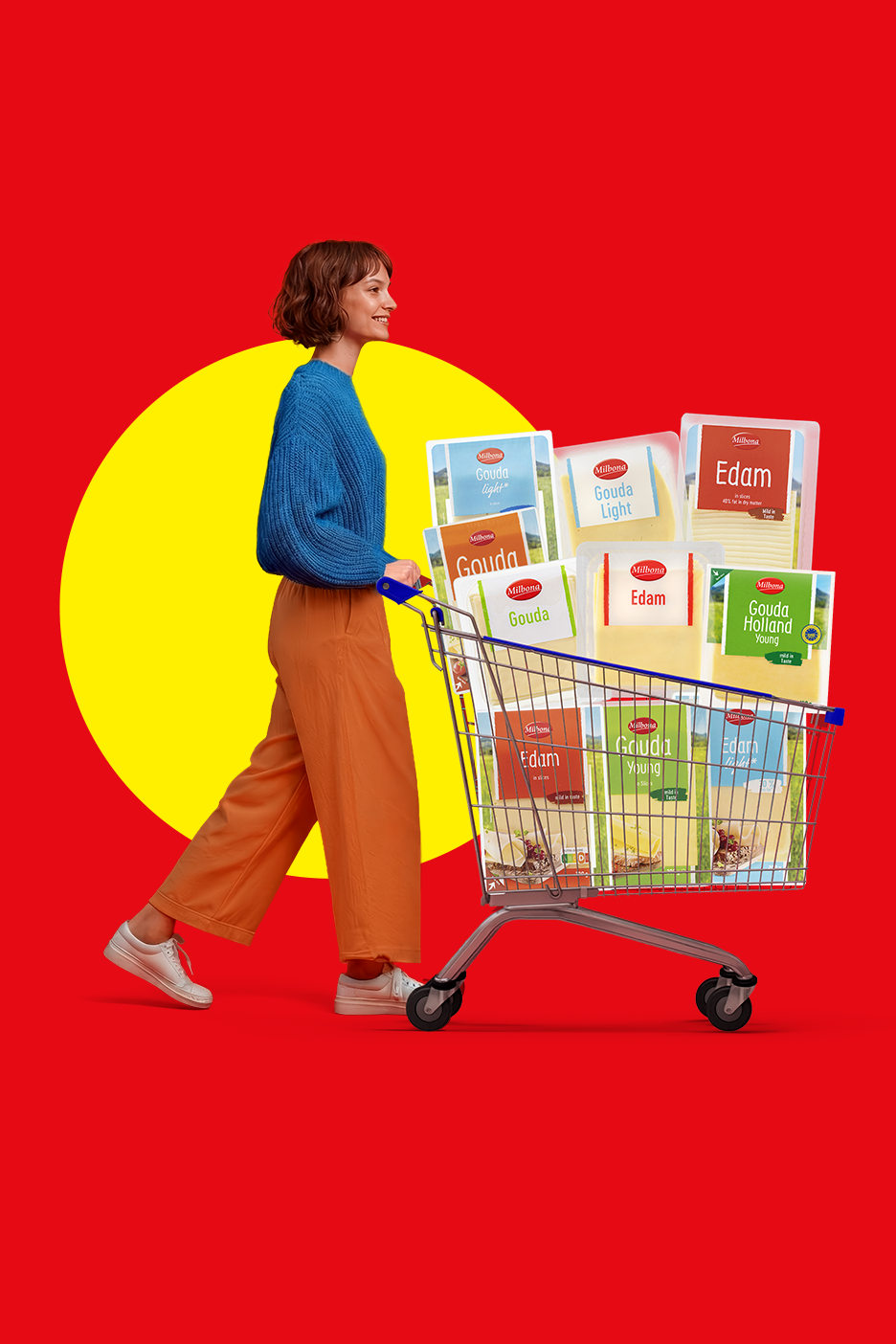 Woman pushing a shopping cart full of various cheese slices against a red and yellow background.