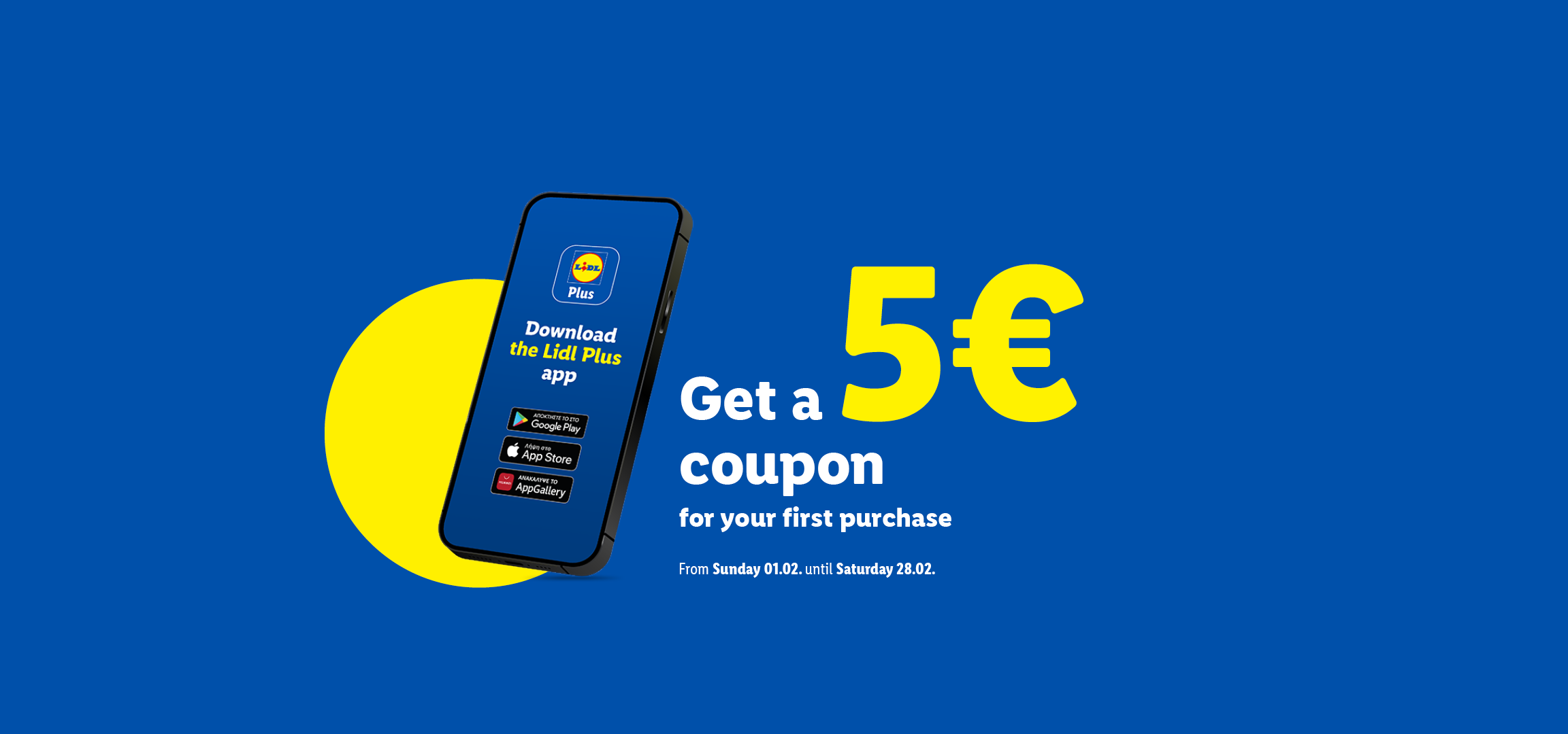 Lidl Plus app promotion with a 5€ coupon for first purchase, valid from 01.02. to 28.02.
