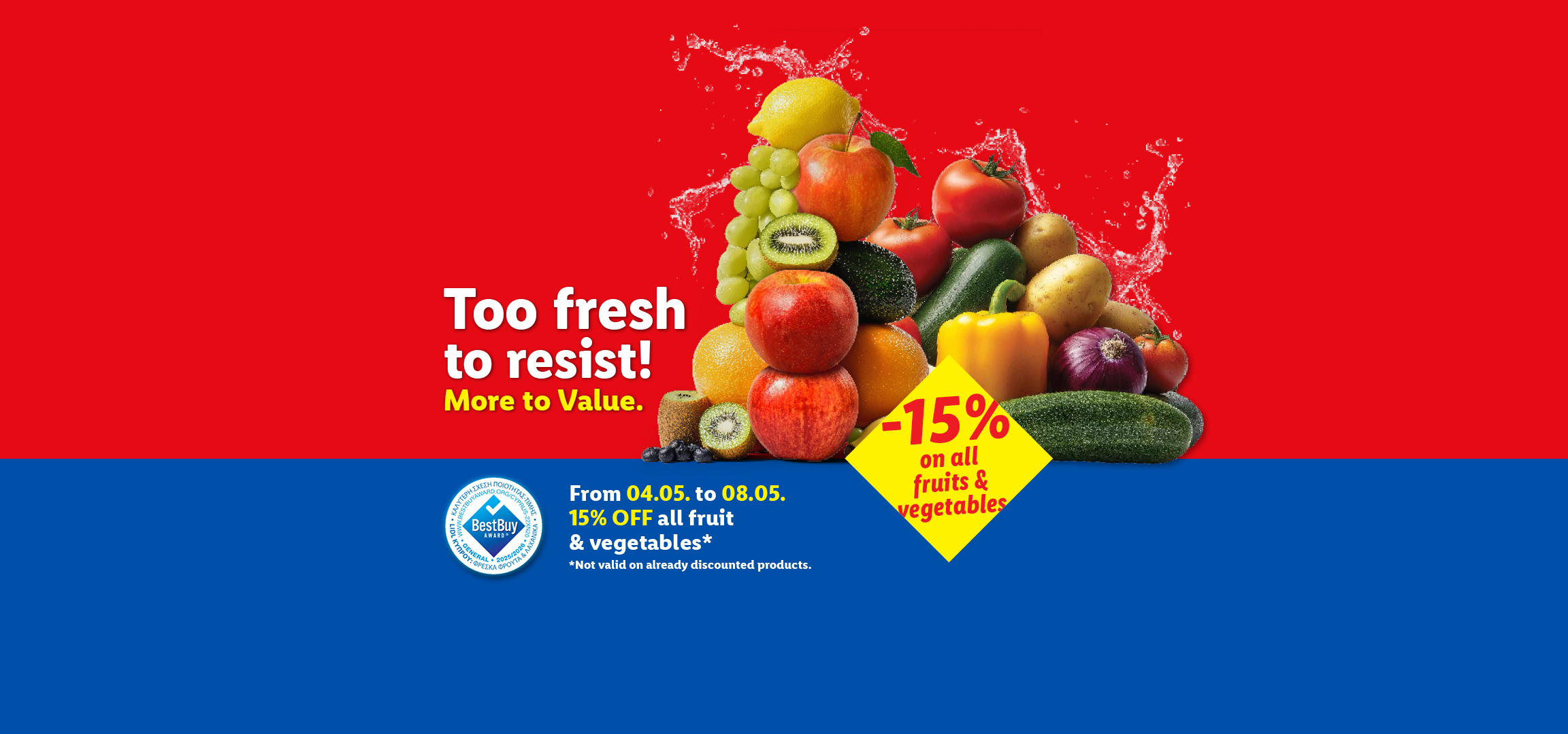 Fresh fruits and vegetables with a '-15% on all fruits & vegetables' discount offer.