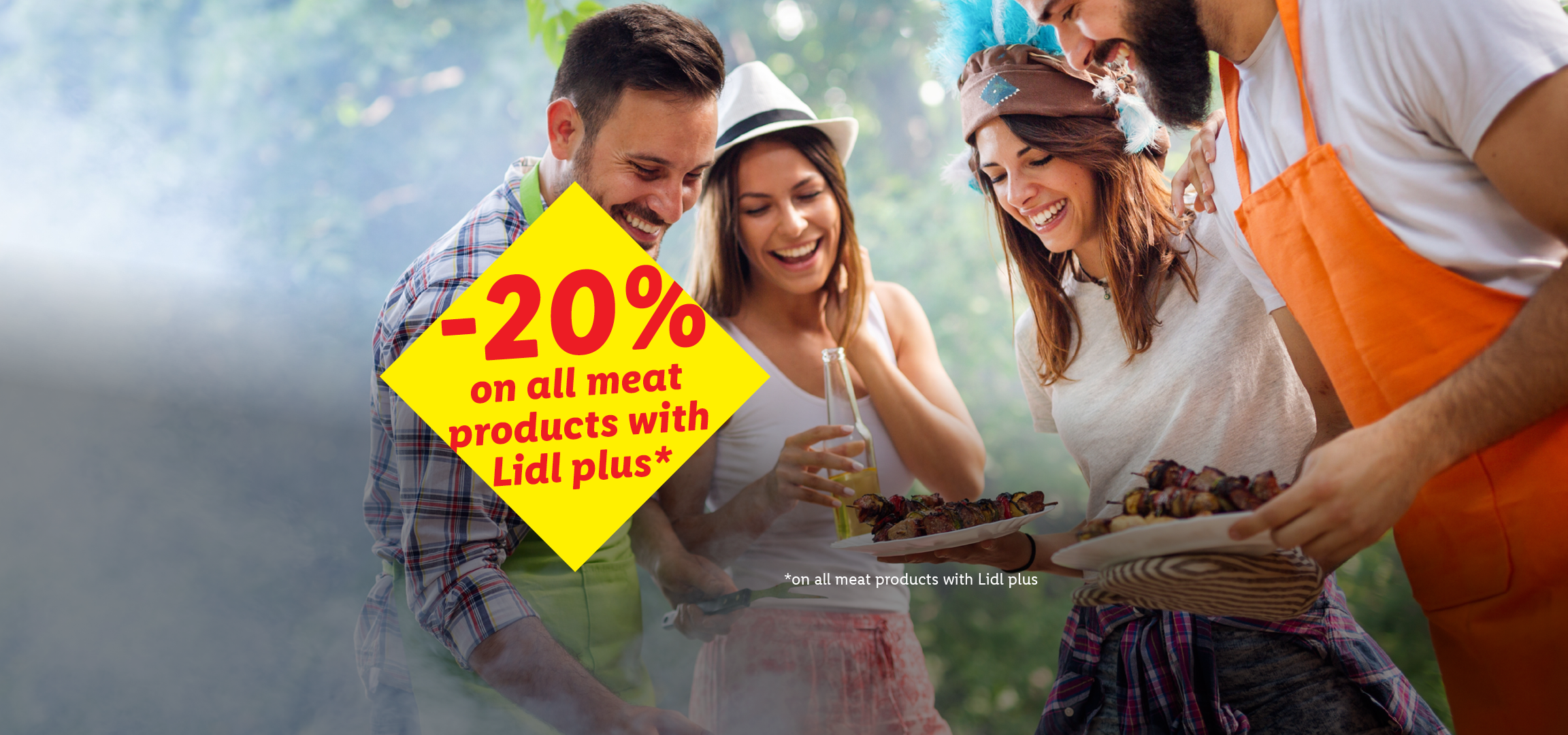 People enjoying a barbecue with grilled meat skewers, offering 20% off meat products.