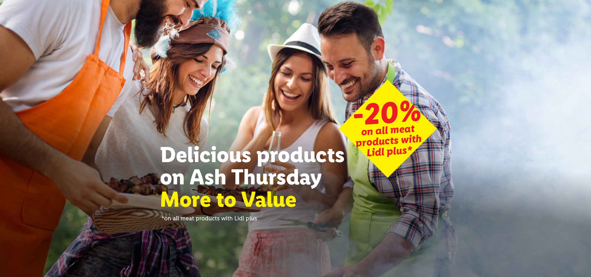 People enjoying a barbecue with skewers, beer, and a discount offer on meat products.