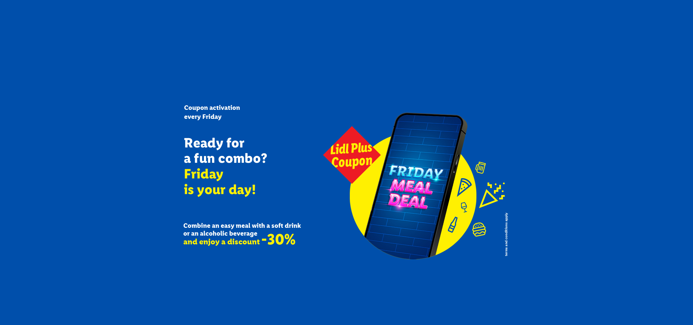 Friday meal deal coupon offer with a 30% discount on a meal and drink combo.