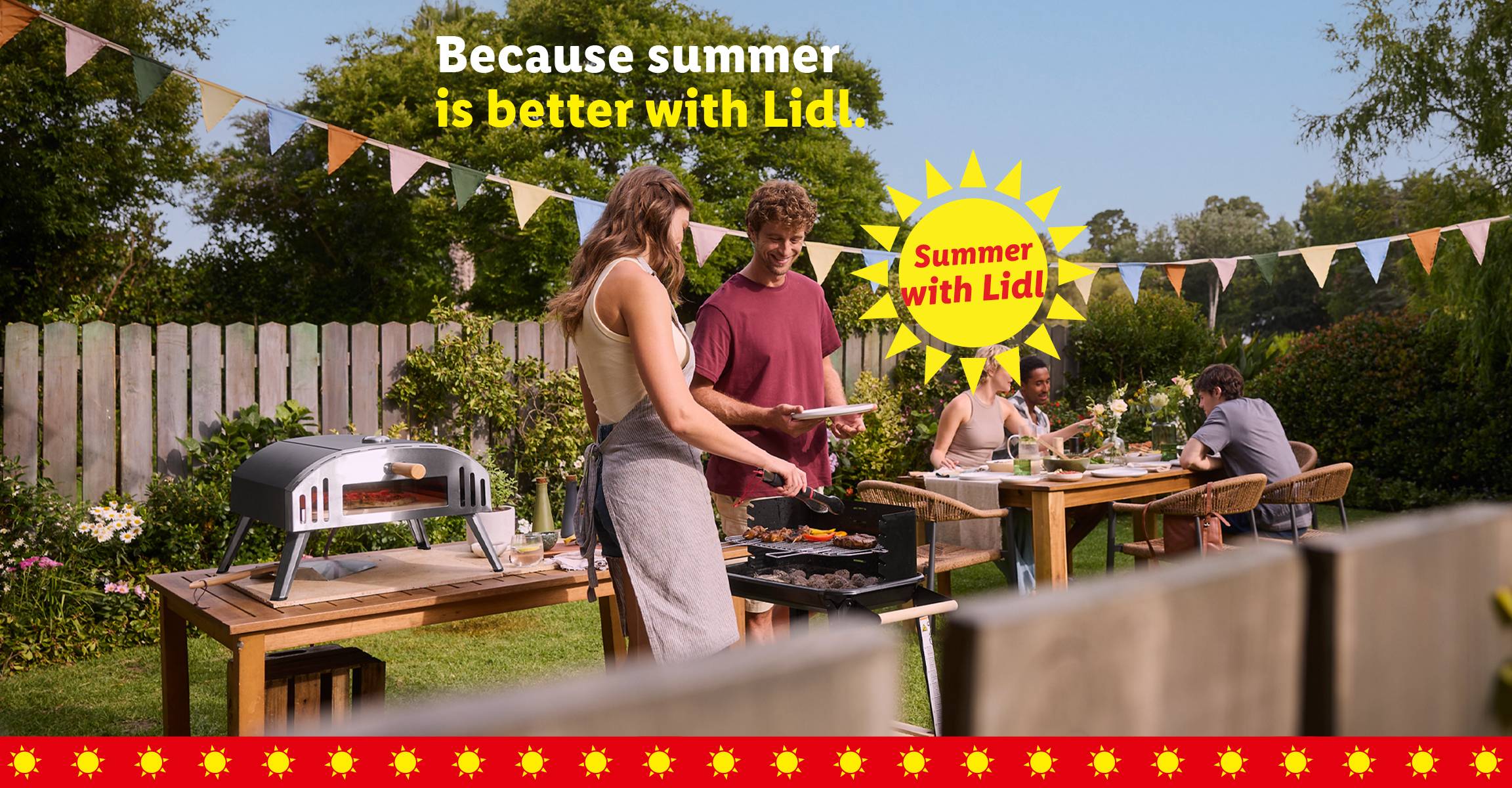 Friends enjoying a summer garden party with a pizza oven and barbecue, text: Summer with Lidl.