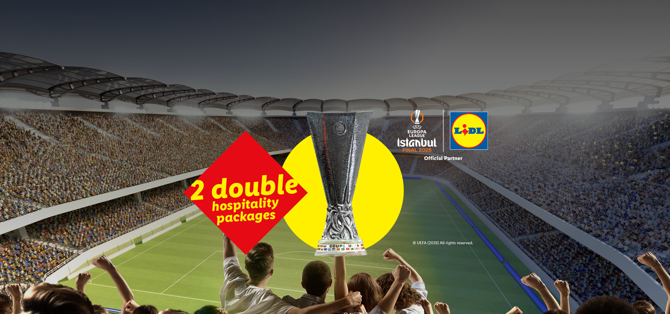 A trophy and a red diamond with '2 double hospitality packages' text, with a stadium in the background.