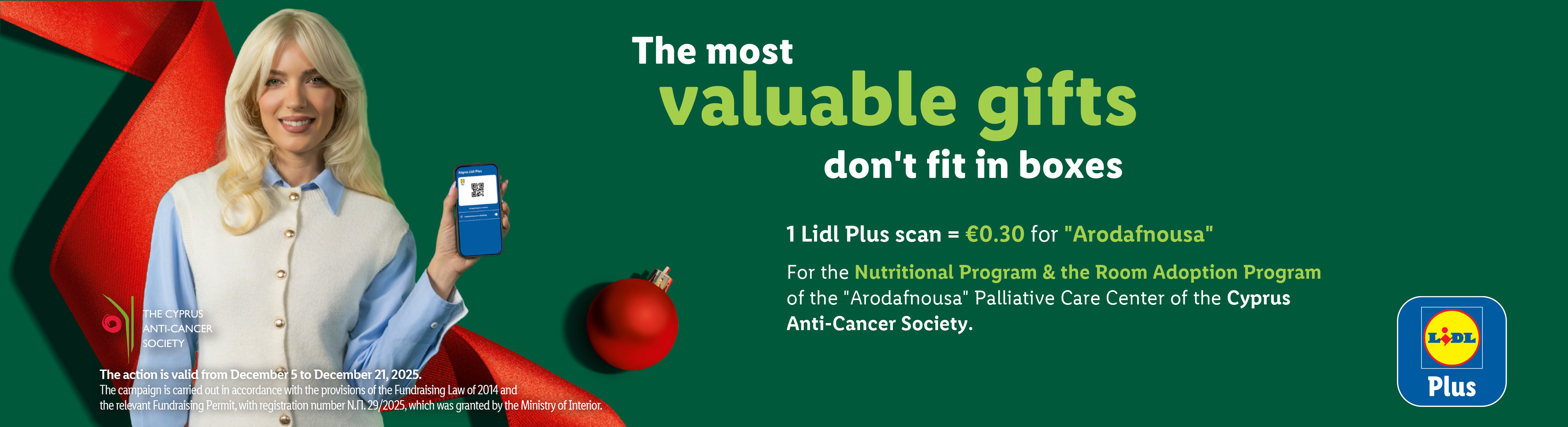 A woman holding a phone with the Lidl Plus app, promoting a donation campaign for the Cyprus Anti-Cancer Society.