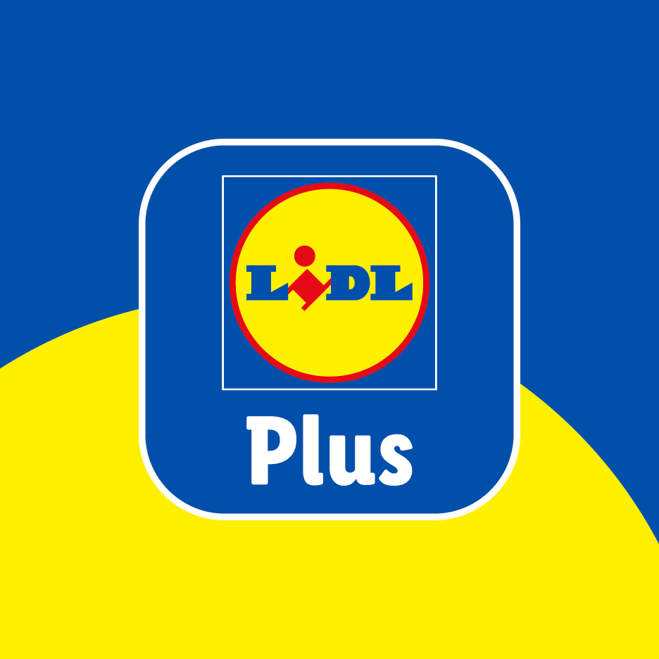 Λογότυπο Lidl Plus σε μπλε και κίτρινο φόντο.