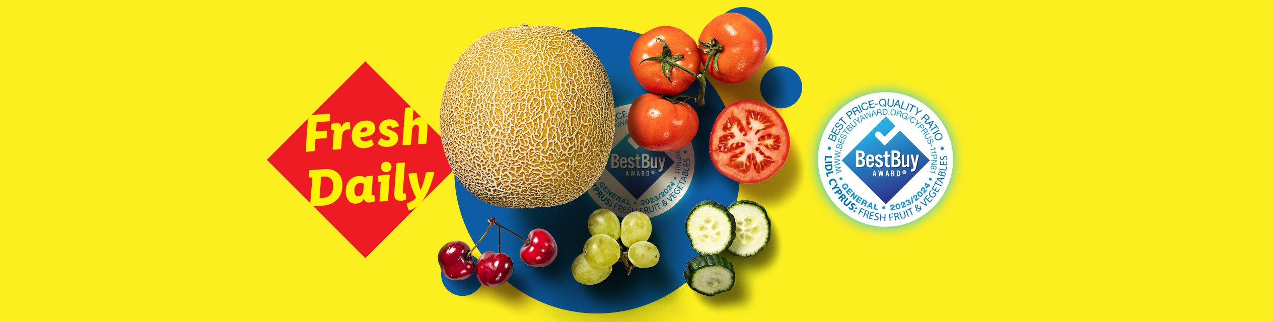Fresh Daily produce, including melon, tomatoes, and cucumbers, features a Best Buy Award.