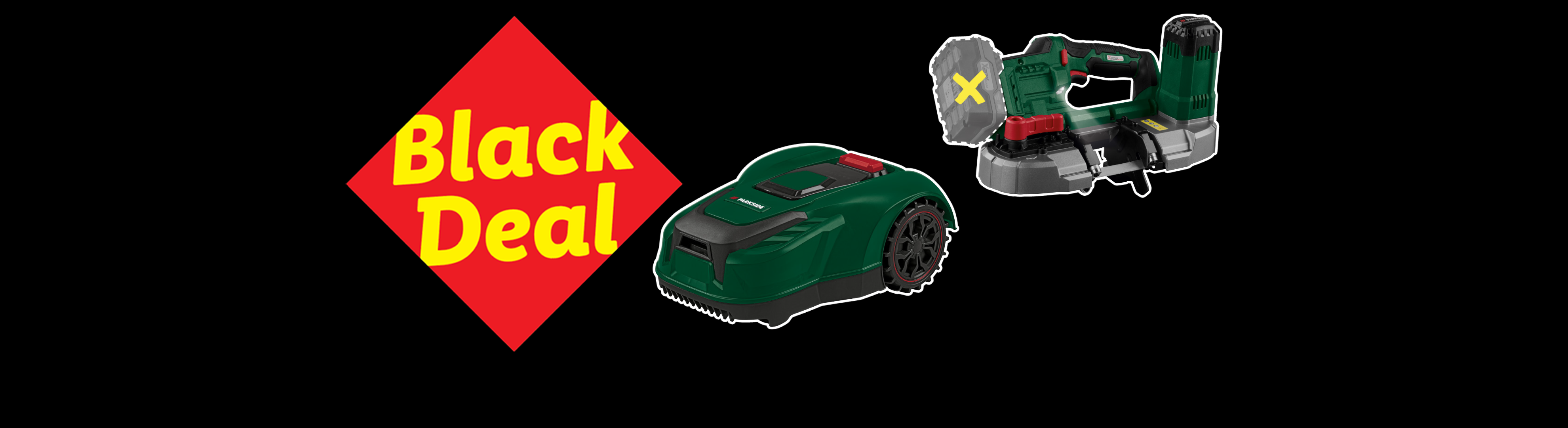 Black Deal: Parkside robotic lawnmower and band saw.