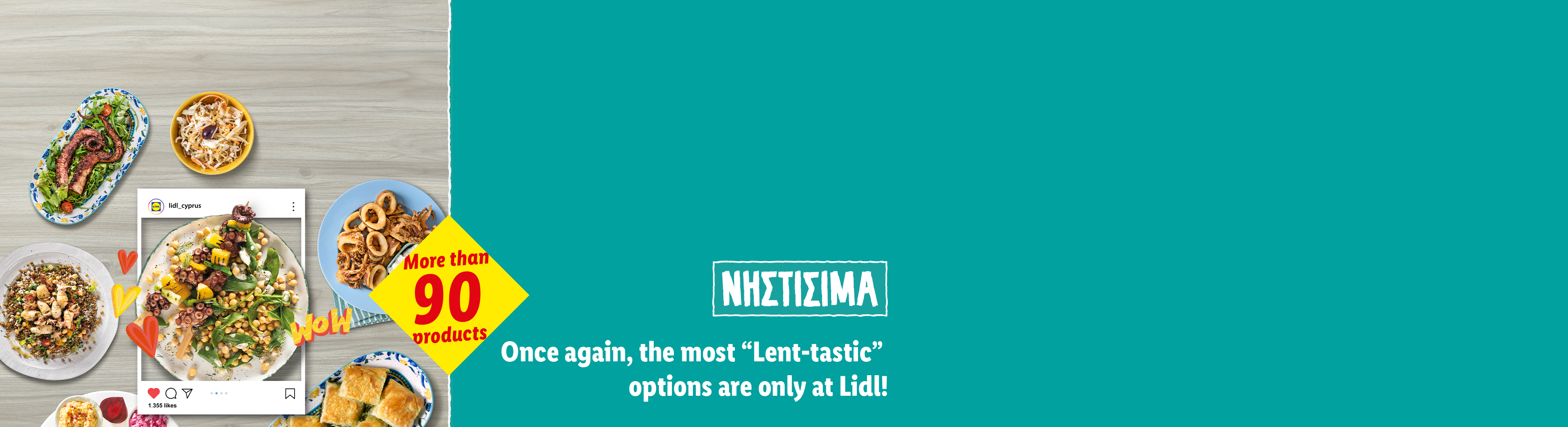 A variety of seafood and lenten dishes, including octopus, calamari, and salads, with text 'More than 90 products' and 'Lent-tastic options only at Lidl!'