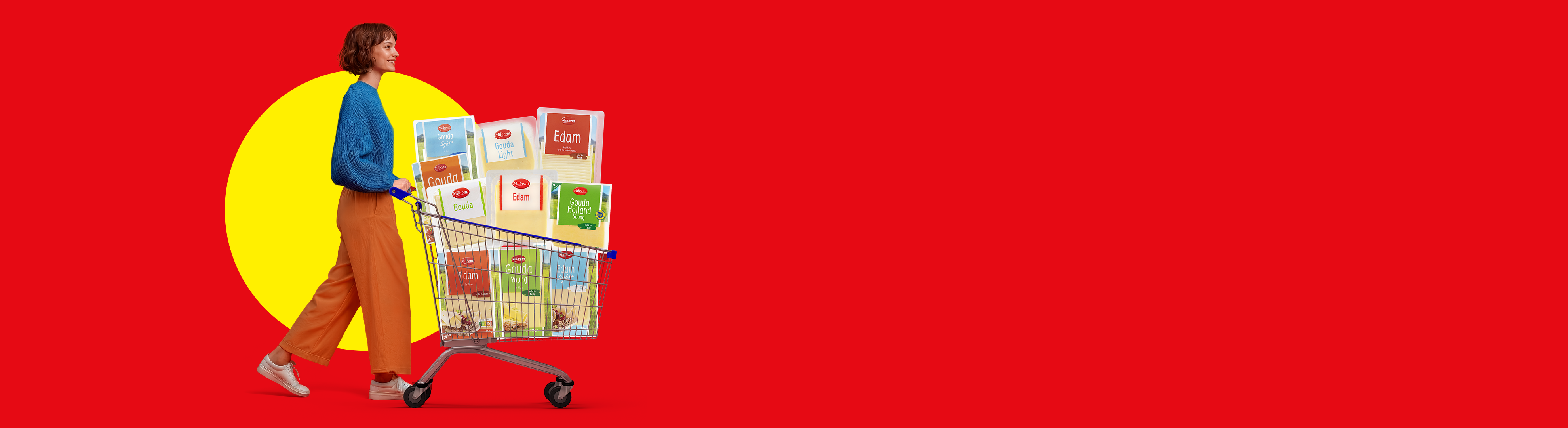 Woman pushing a shopping cart filled with various cheeses, including Gouda and Edam, on a red background with a yellow circle.