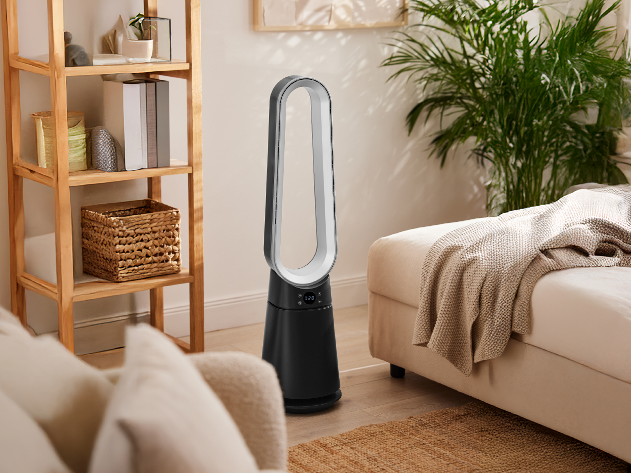 A Silvercrest  fan stands in a modern living room.