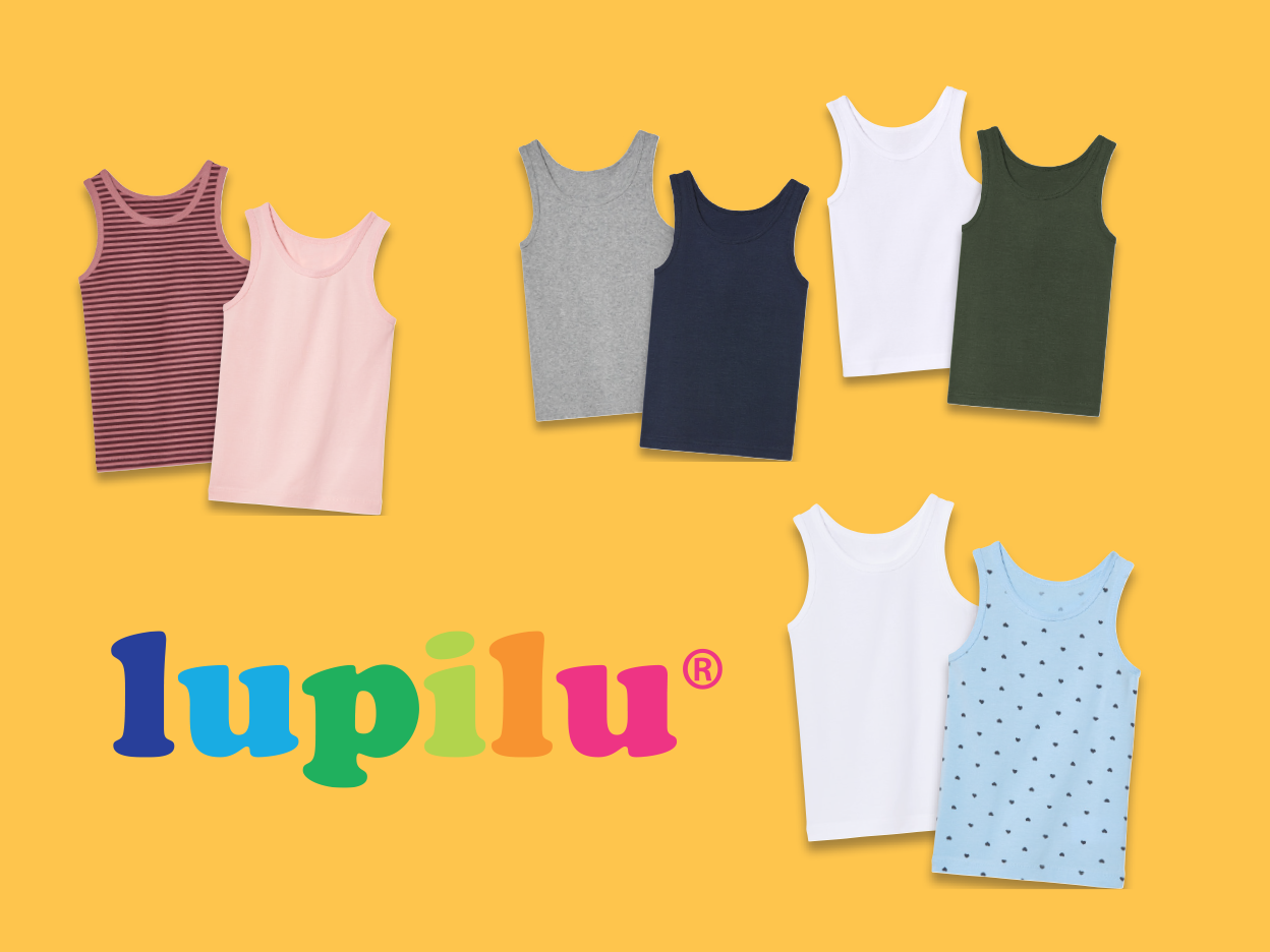 Various children's tank tops in different colors and patterns, with the Lupilu logo.