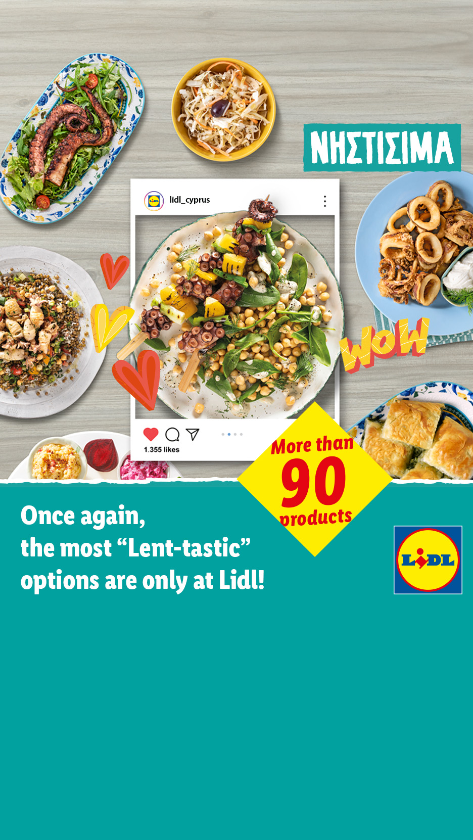 Lent-themed food display with octopus skewers, salads, and dips, advertising over 90 products.