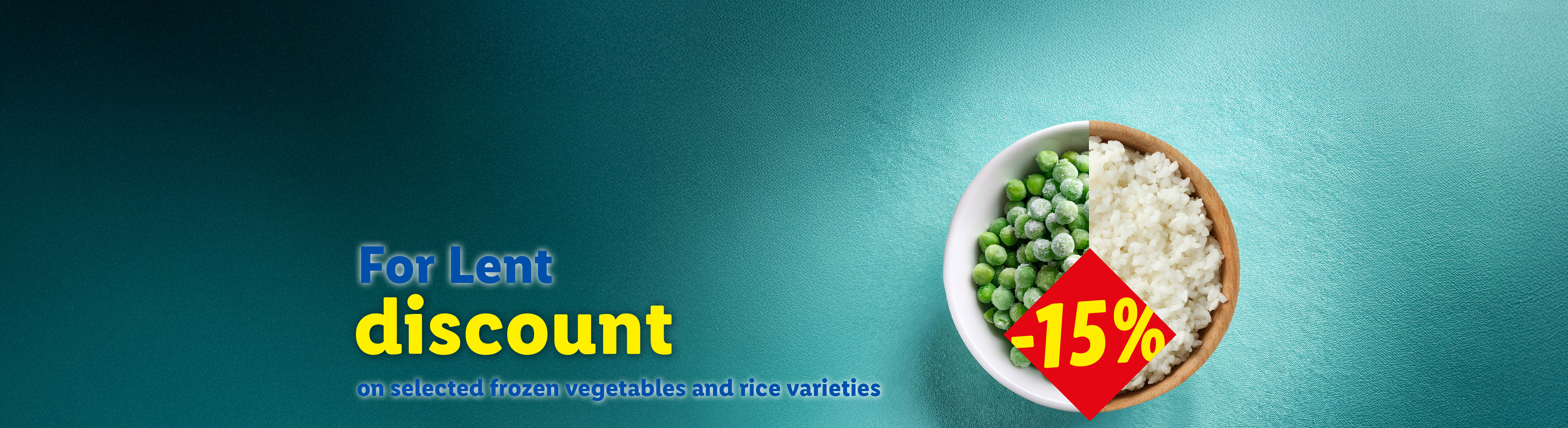Lent discount on frozen vegetables and rice varieties, with a -15% offer.