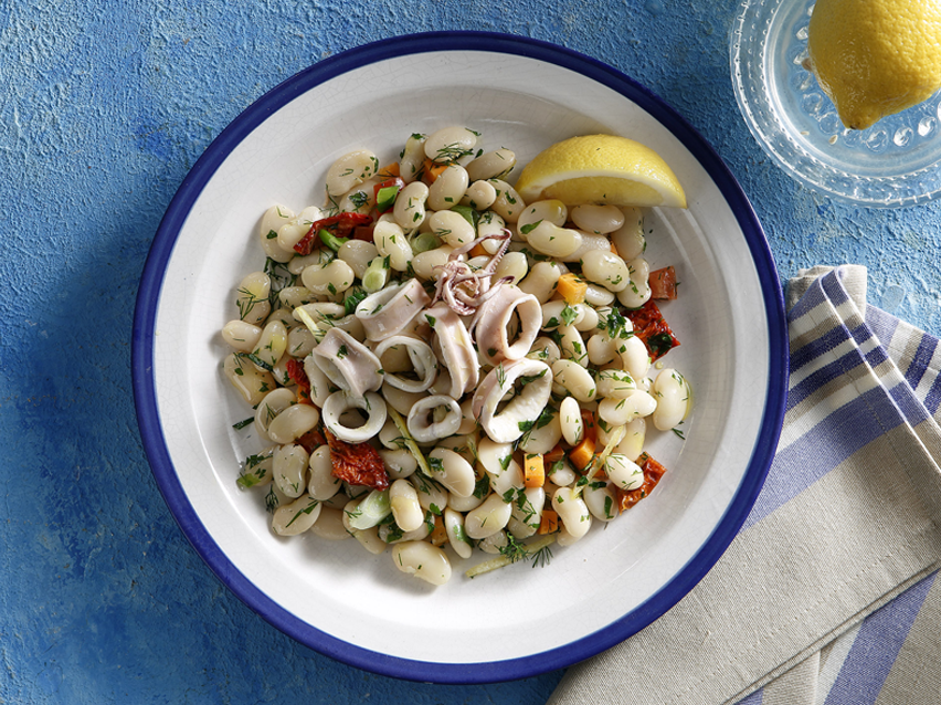 White bean salad with squid and sun-dried tomatoes.