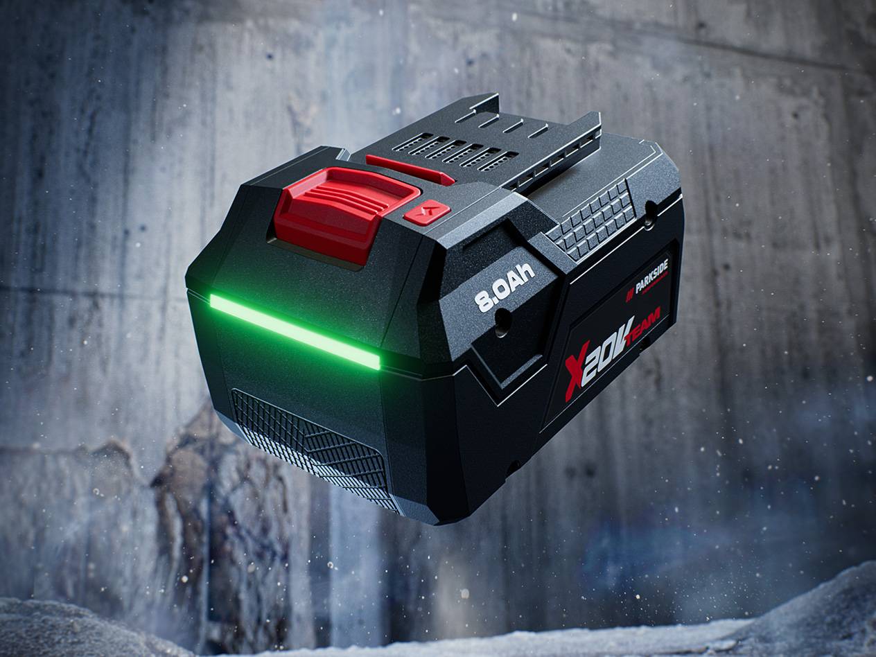 Μπαταρία Parkside X 20V Team 8.0Ah με φωτεινή πράσινη ένδειξη φόρτισης.