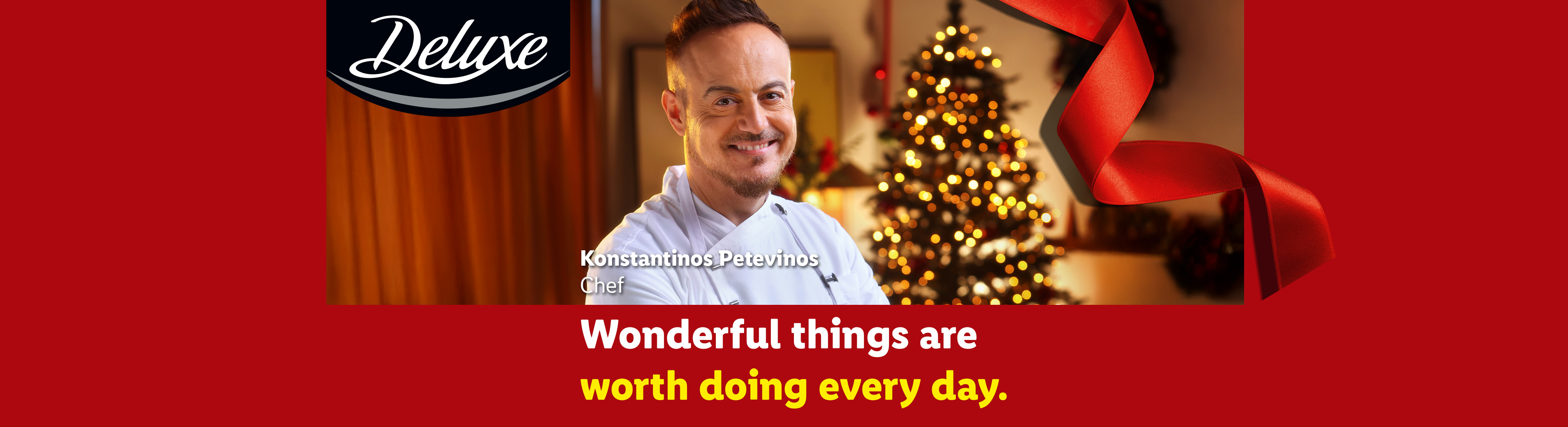 Lidl Deluxe logo, chef Konstantinos Petevinos, and a Christmas tree with text: 'Wonderful things are worth doing every day.'