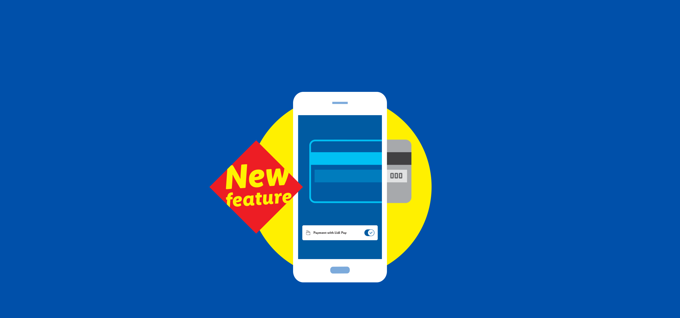 Smartphone with payment cards and a 'New feature' label, on a blue and yellow background.