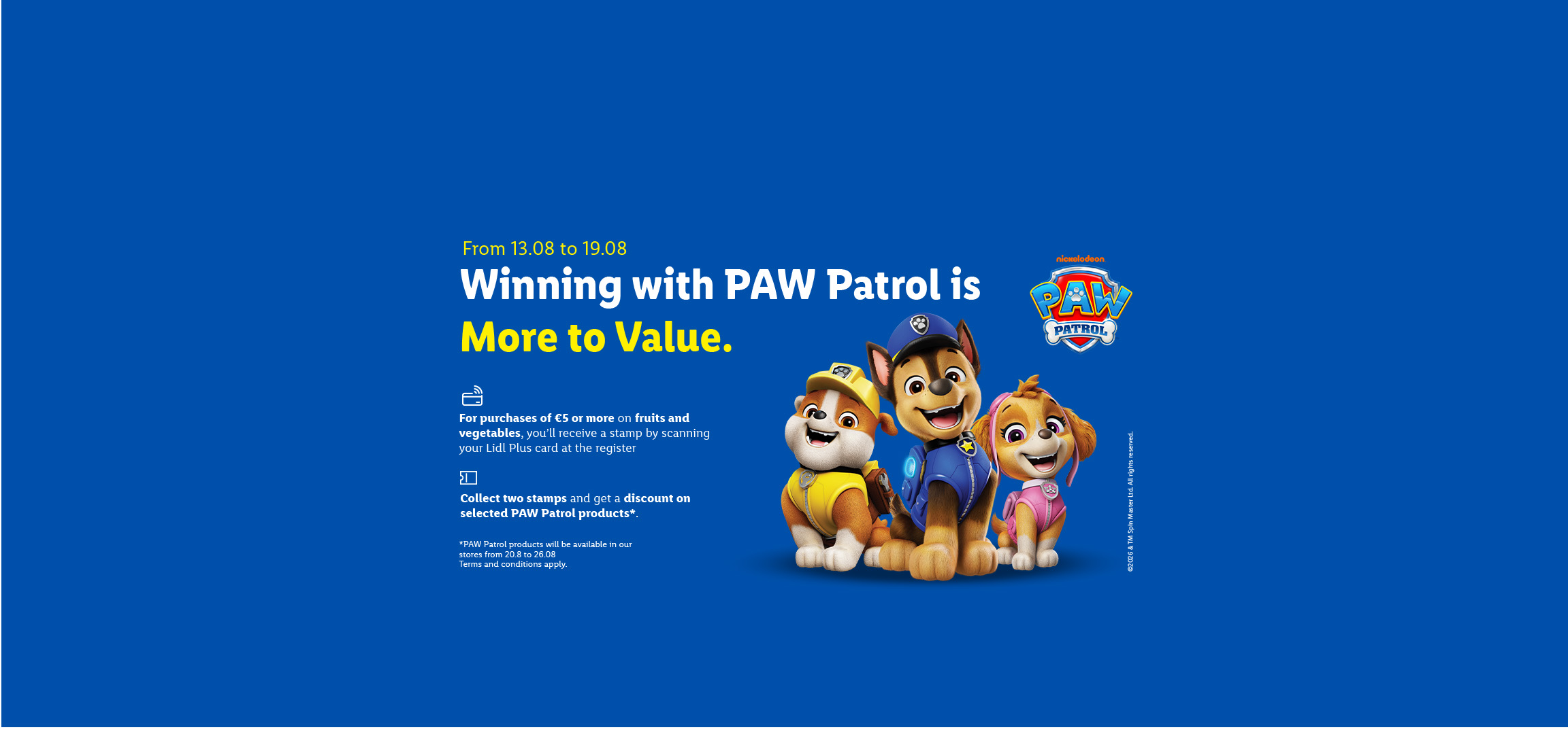 Paw Patrol characters on a blue background, promoting a discount on Paw Patrol products.
