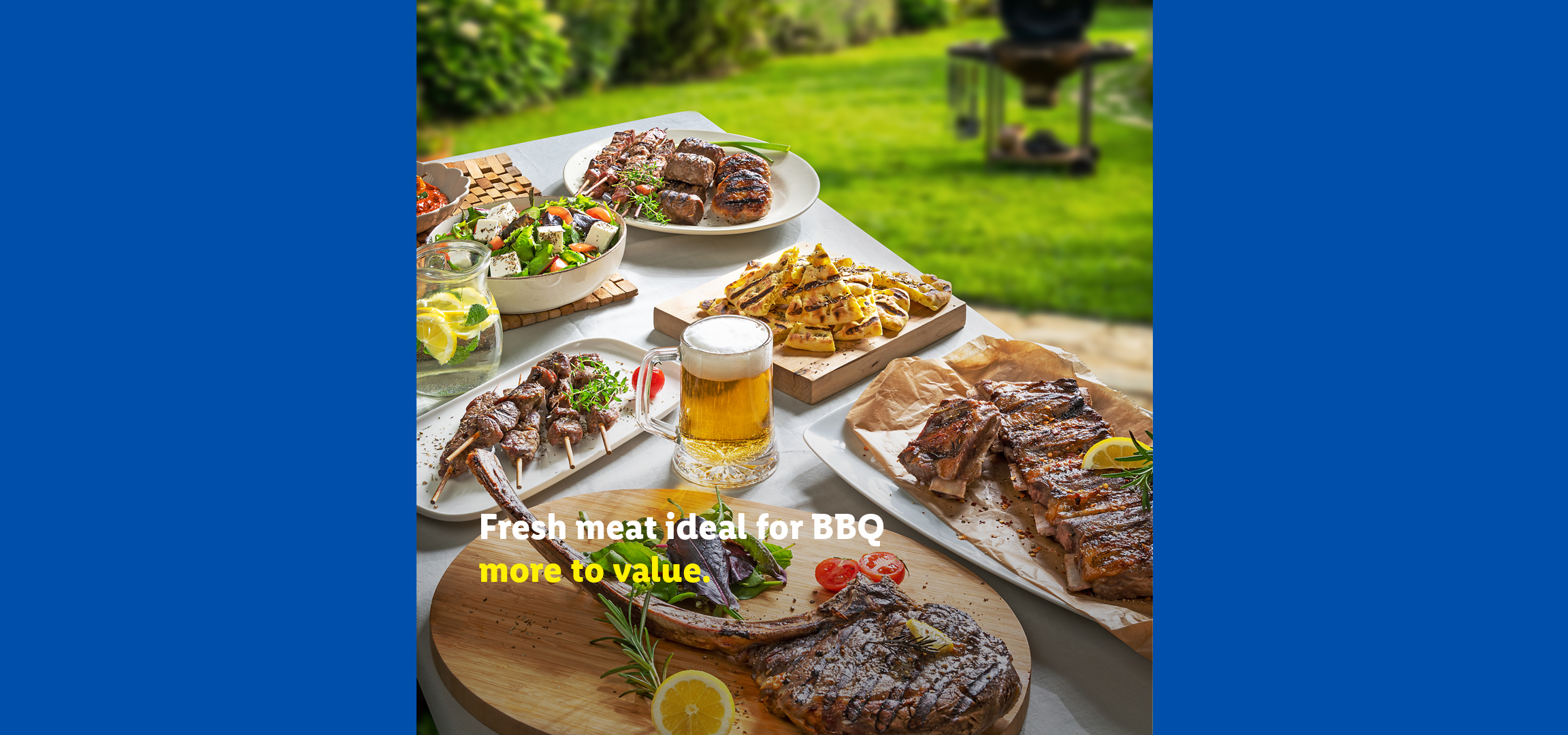 A person cutting grilled meat at a BBQ, with dips and vegetables on the table. Text: Fresh meat ideal for BBQ, more to value.