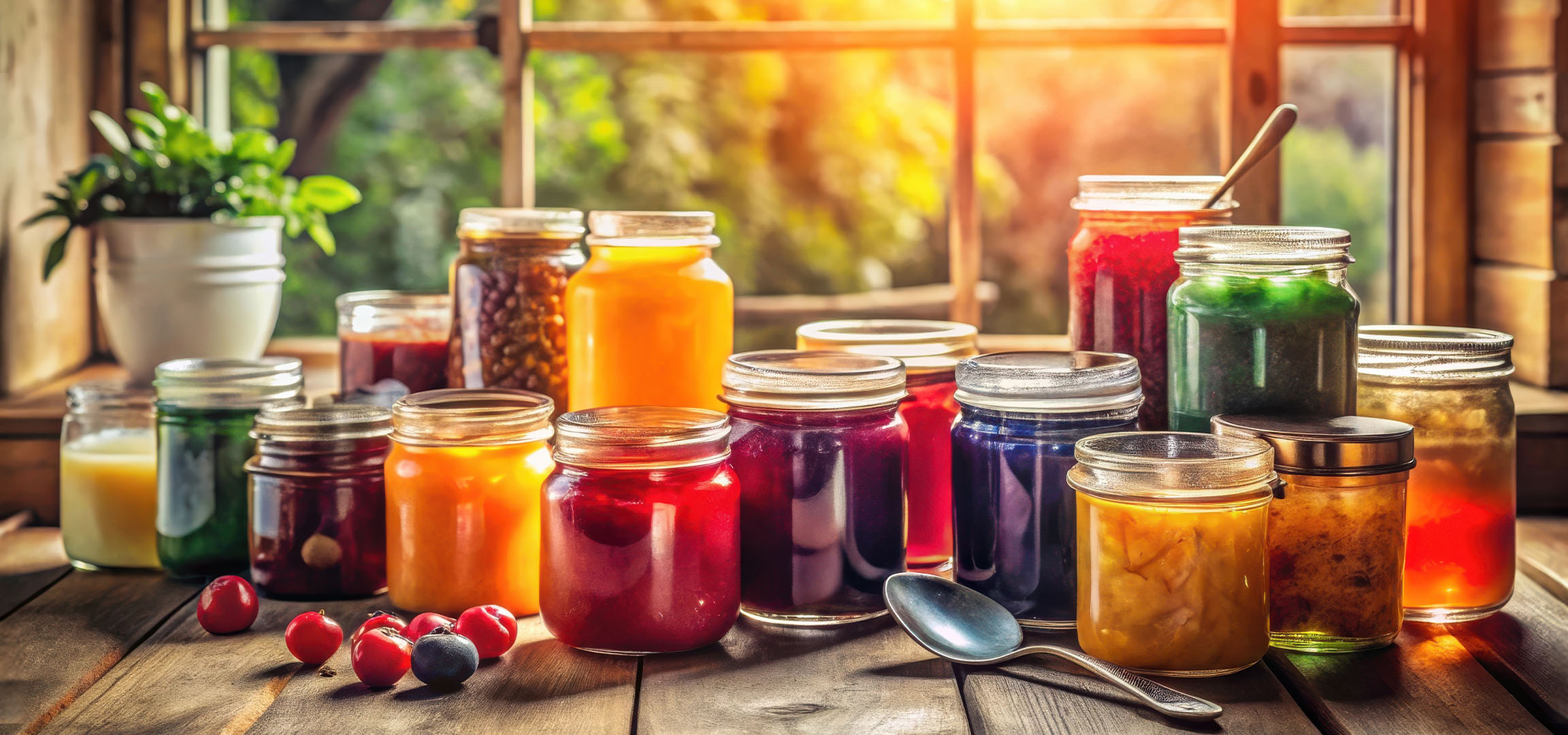 Assorted jams and preserves in jars on a wooden table by a window