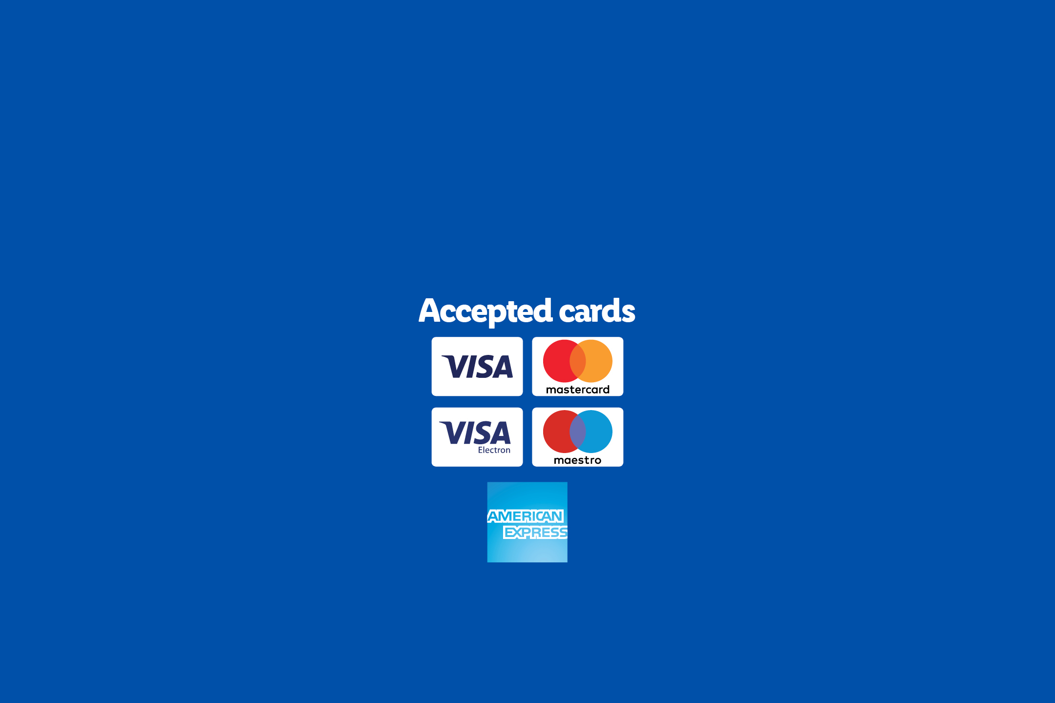 Accepted cards: Visa, Mastercard, Visa Electron, Maestro, American Express logos on blue background.