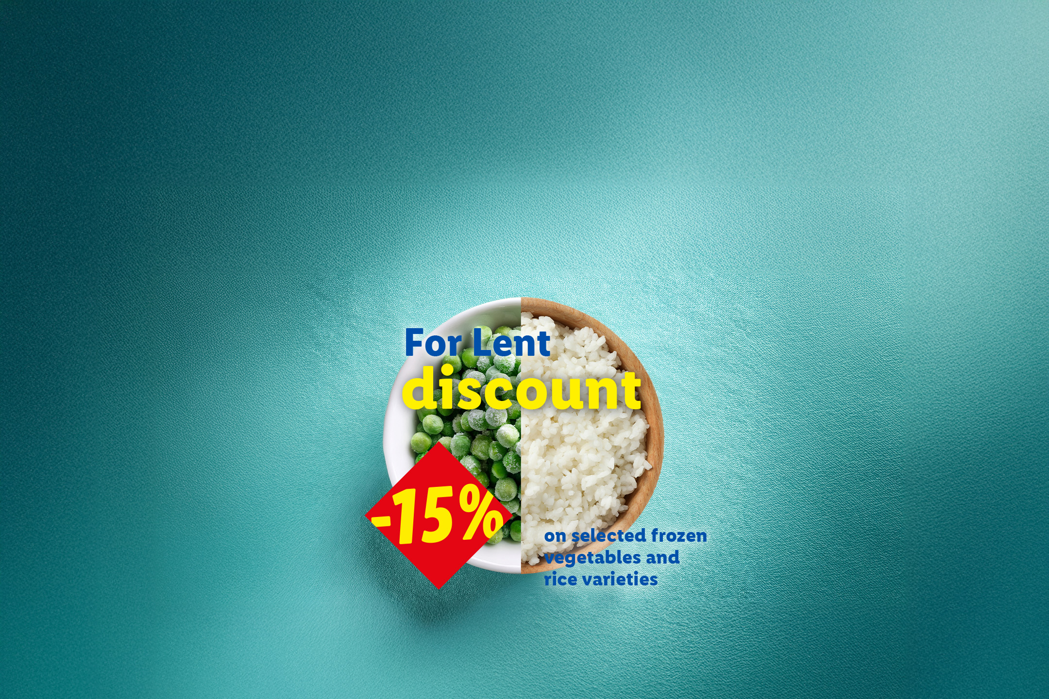 Bowl of peas and rice with a 'For Lent discount -15%' offer on frozen vegetables and rice.