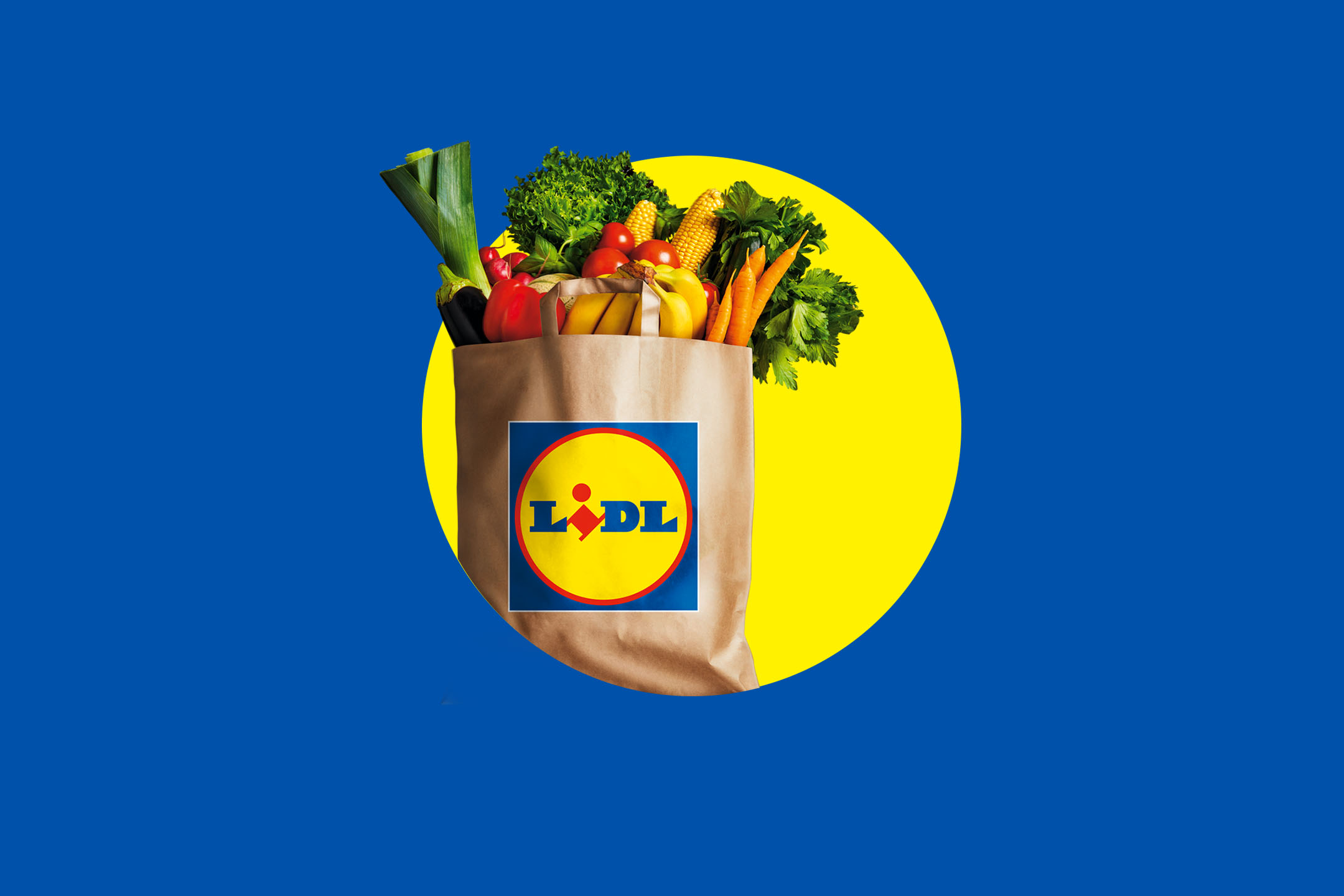 Χάρτινη σακούλα γεμάτη φρέσκα λαχανικά, όπως πράσα, μελιτζάνες, καλαμπόκι, ντομάτες και καρότα, σε μπλε φόντο με κίτρινο κύκλο.