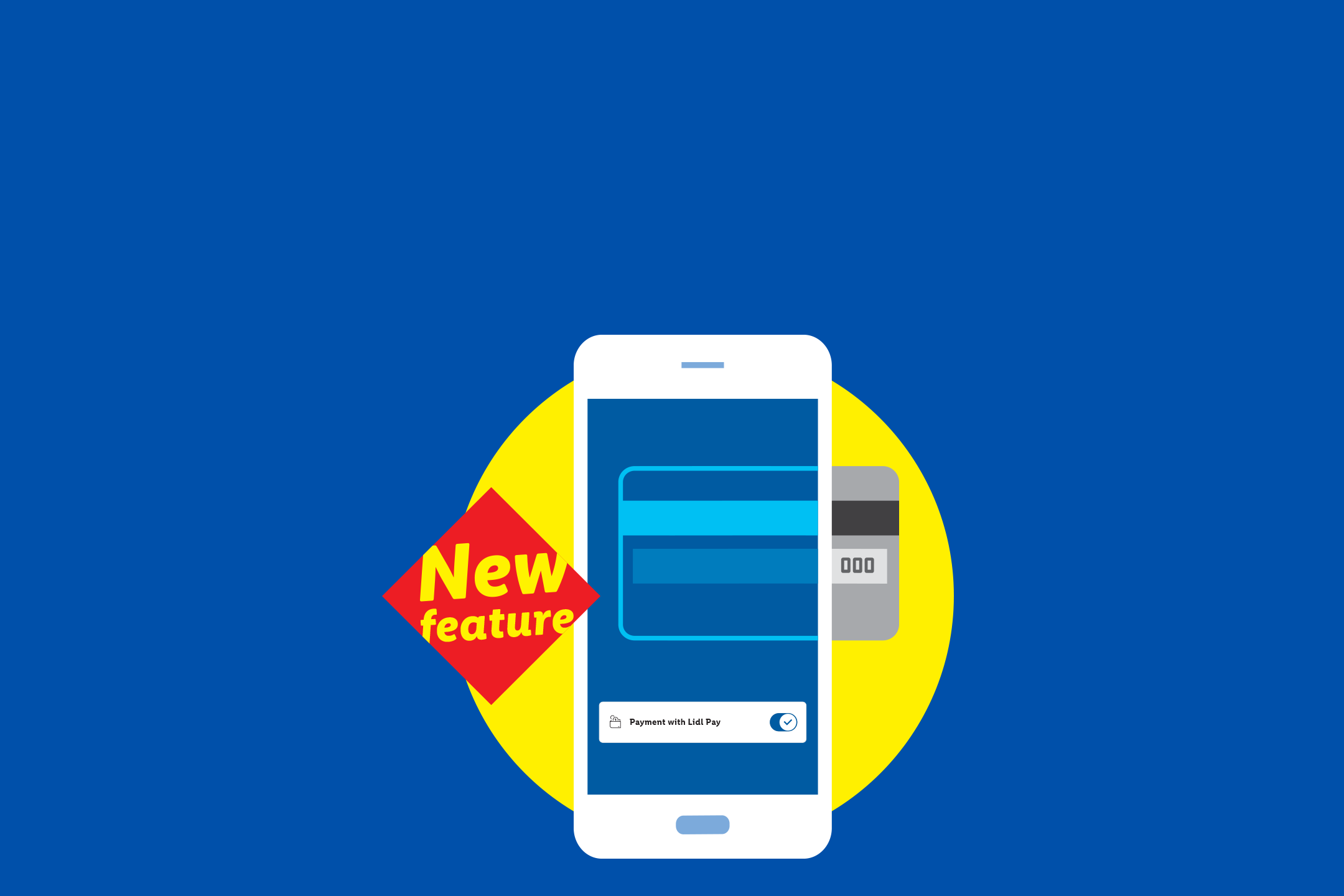 Smartphone with a payment card on screen, a credit card behind it, and a 'New feature' tag.
