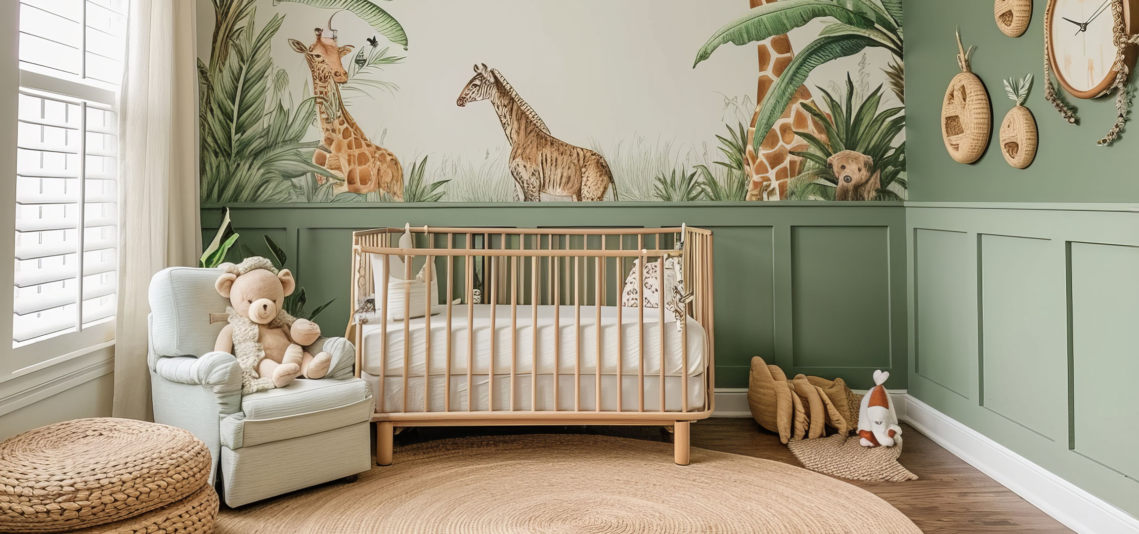 Nursery room with green walls, wooden crib, armchair, and circular rug.